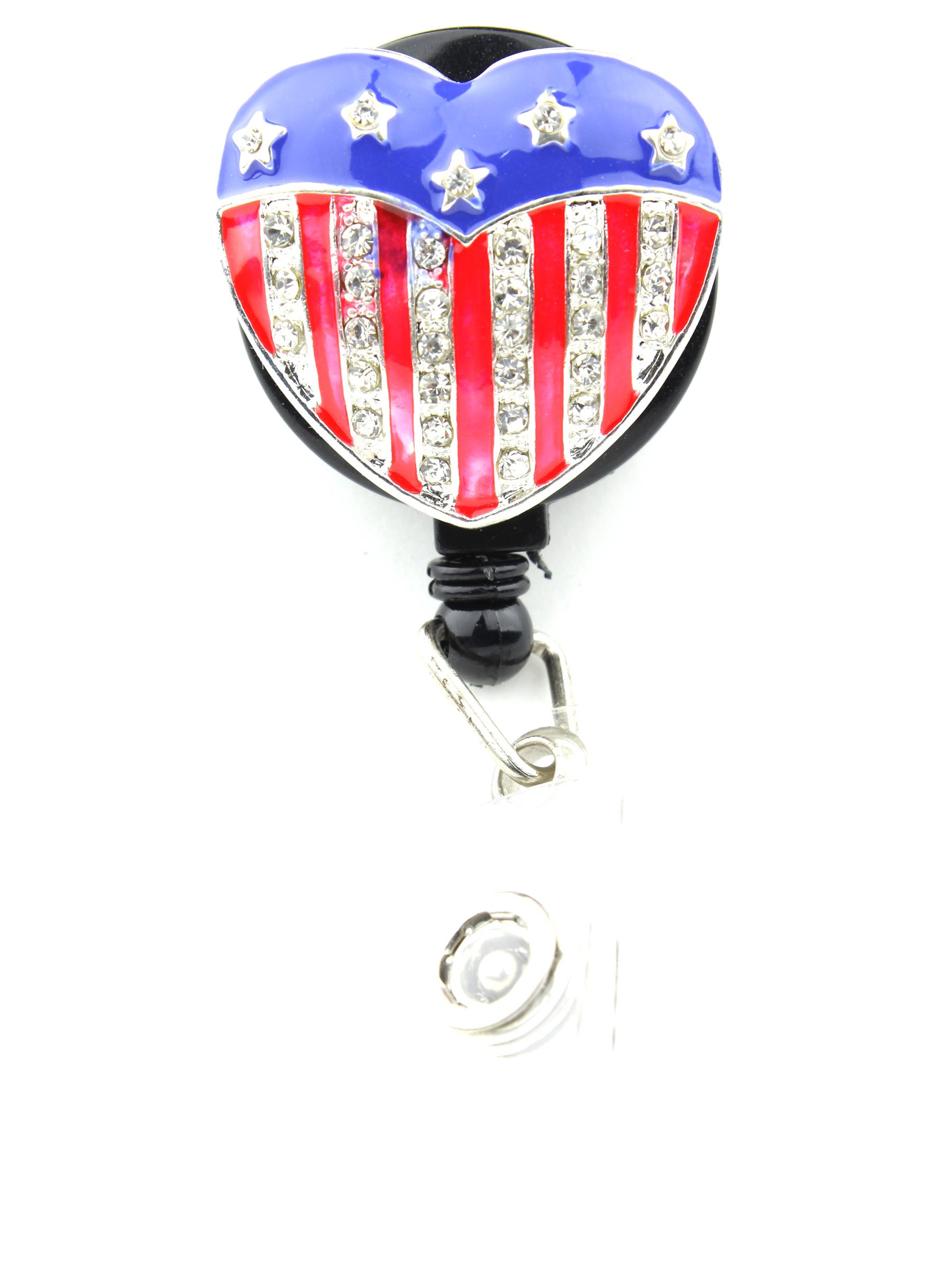 Patriotic American Flag Heart ID Badge Holder with Retractable Black Pull Reel & Rhinestones - Perfect for Nurses, Teachers, and Office Professionals
