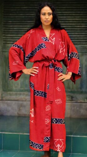 Handmade Batik Robe for Women - Artisan Crafted Red Rayon Kimono with Intricate Patterns | NOVICA Indonesia | Perfect for Spa, Lounge & Boho Fashion