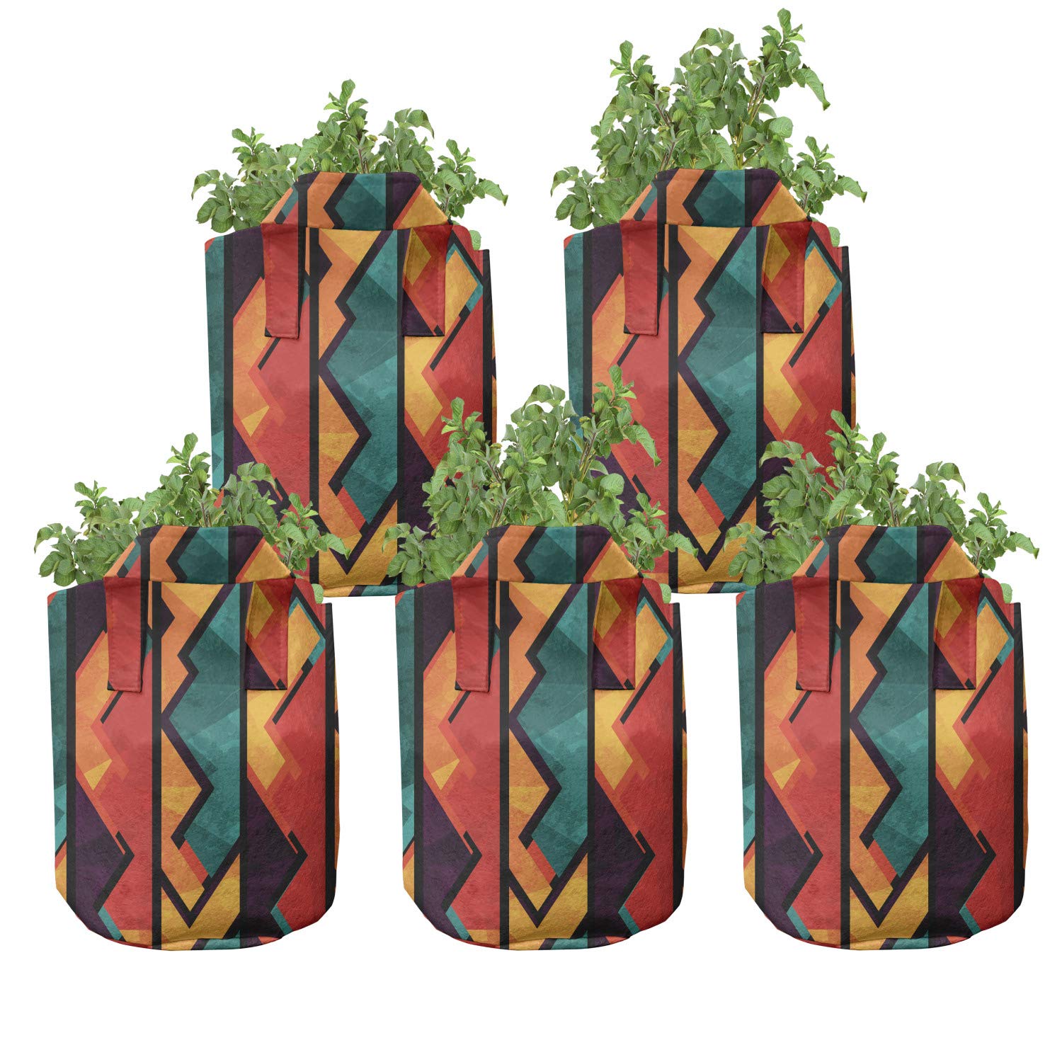 Ambesonne Grunge Grow Bags 5-Pack - Heavy Duty 7 Gallon Fabric Plant Pots with Handles in Antique Mosaic Teal Vermilion Plum - Ideal for Indoor/Outdoor Gardening, Vegetables, Flowers & Herbs