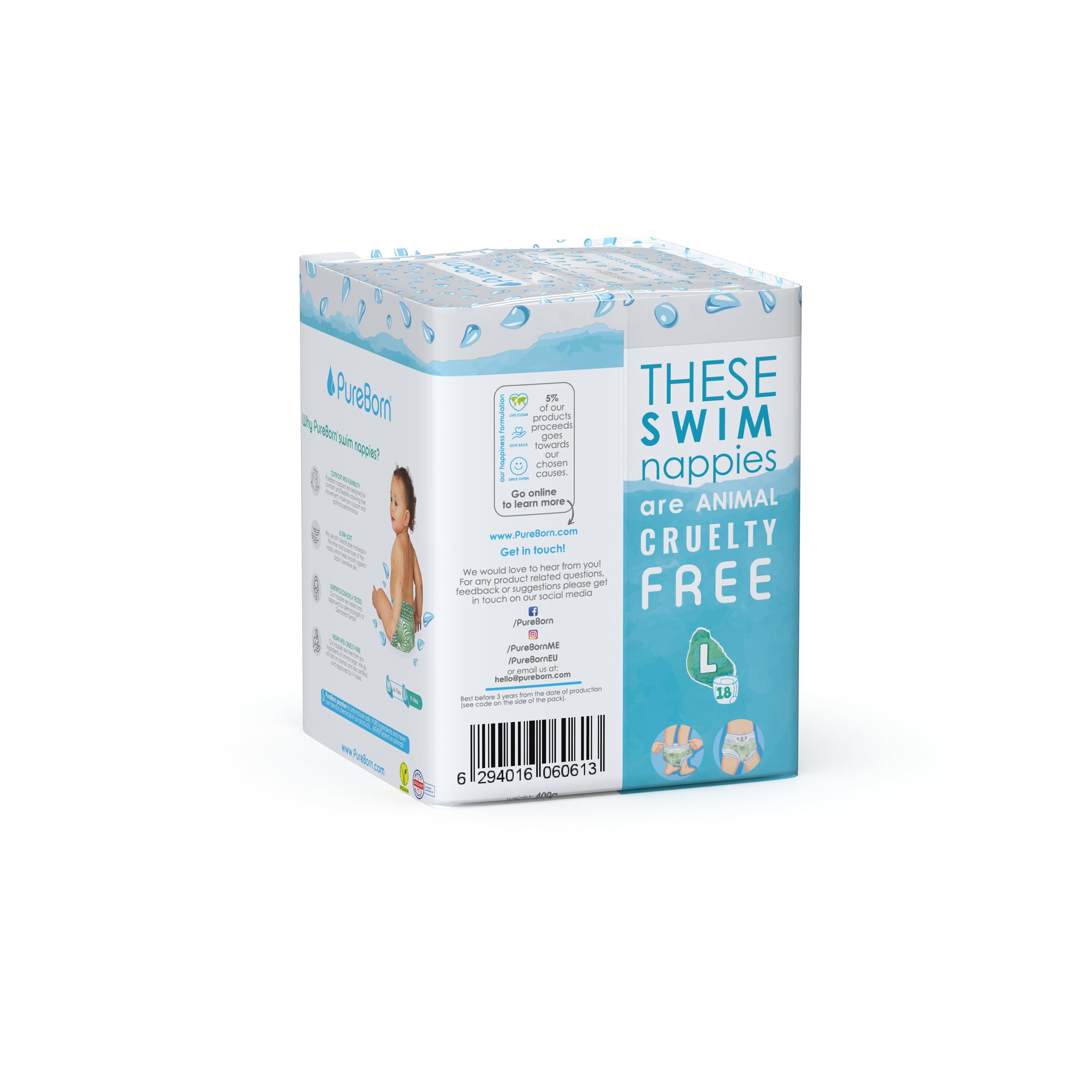 PureBorn Disposable Swim Diapers, Size L (9-14 kg), 18 Count - Ultra Soft, Stretchable, Leak-Proof for Beach & Pool - Dermatologist Tested, Summer Prints | Perfect for Water Play, Baby Swimming Lessons & Vacation Travel