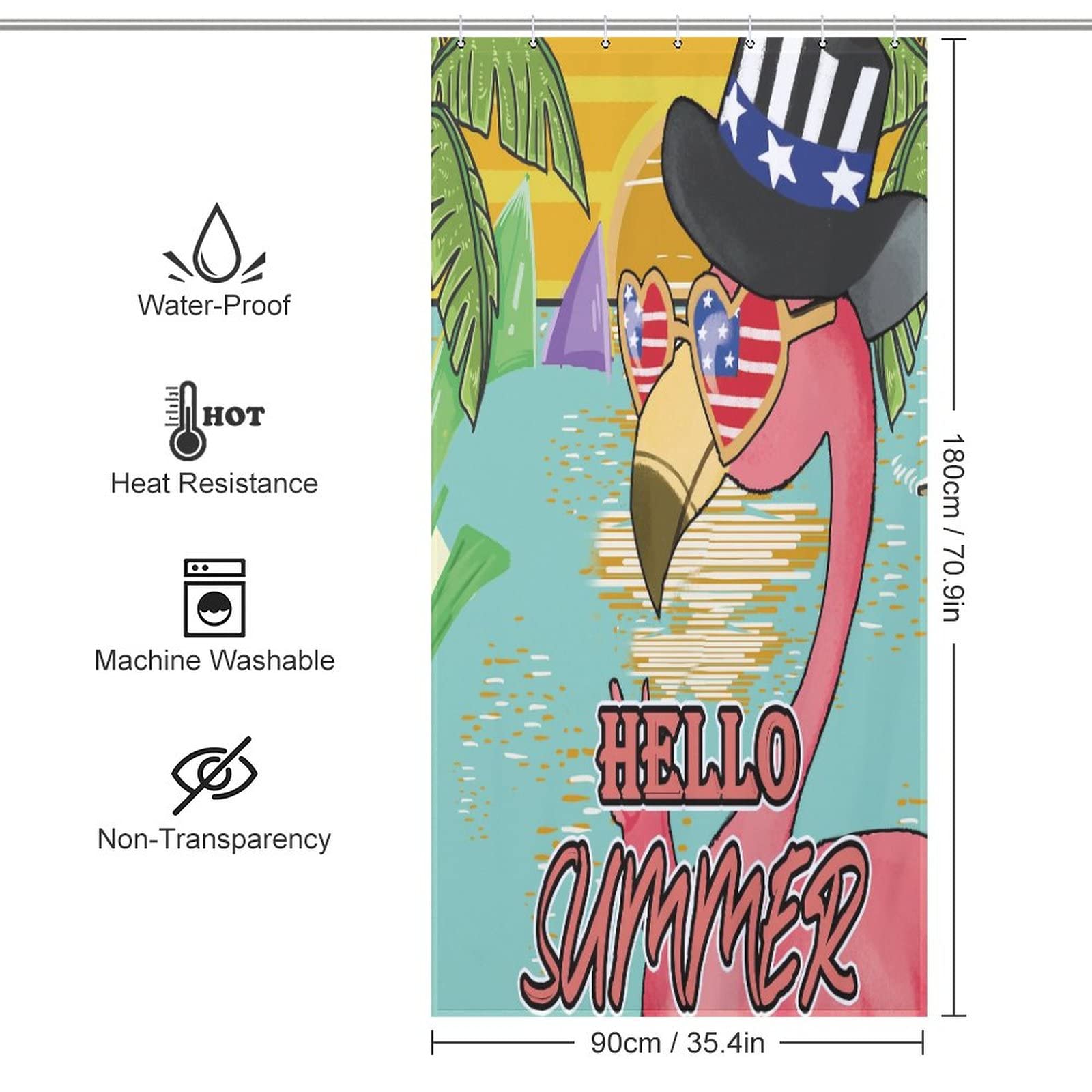 Flamingo USA Flag Shower Curtain - Beach Themed Bathroom Decor with 12 Hooks, Waterproof Polyester Fabric for Bathtub & Stall (36x72 Inch) - Perfect for Coastal Homes, Vacation Rentals & Hotel Bathrooms