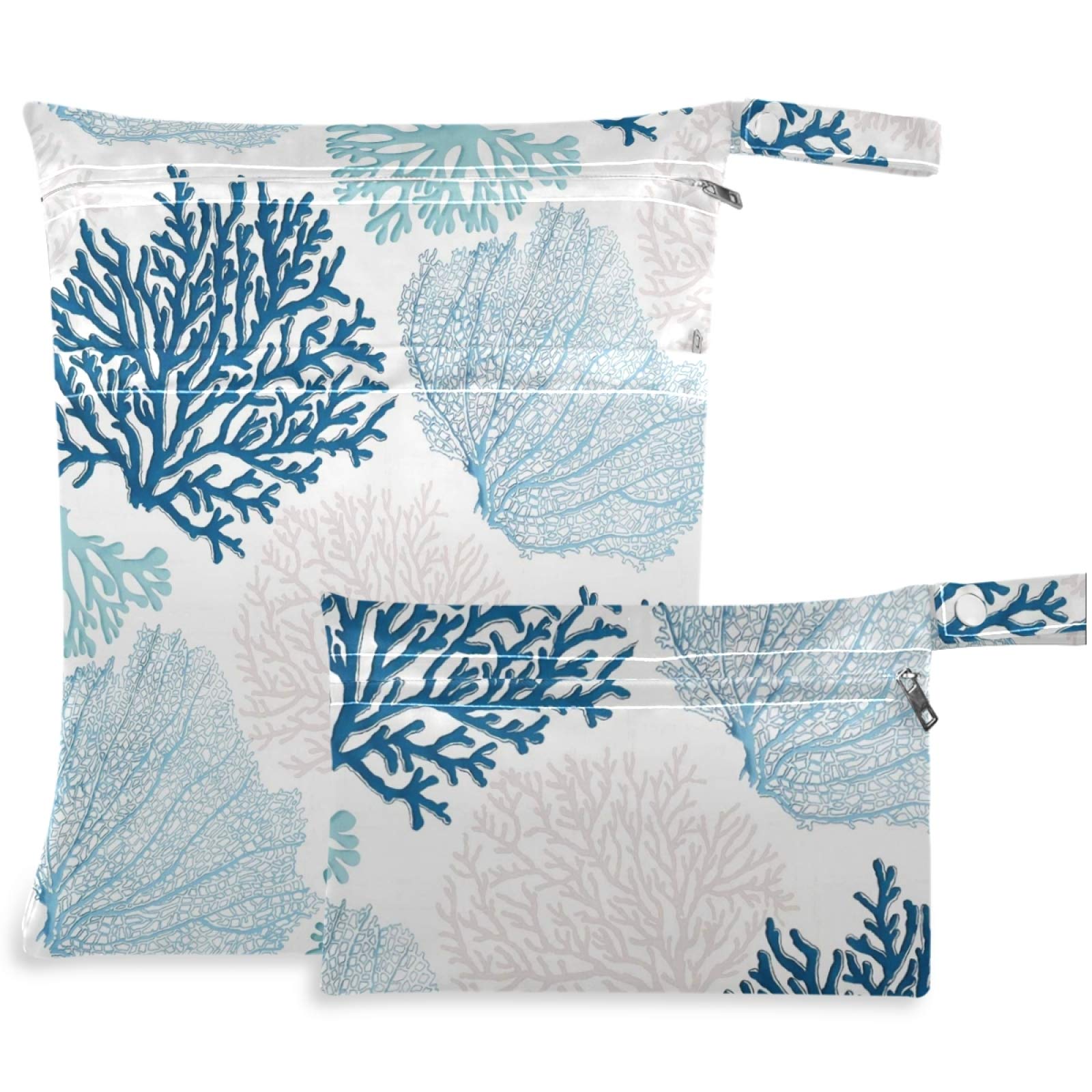 Visesunny Vintage Blue Coral 2Pcs Wet Bags with Zippered Pockets - Washable & Reusable Waterproof Storage for Travel, Beach, Pool, Gym | Perfect for Diapers, Swimsuits, Toiletries & Dirty Clothes | Great for Daycare, Stroller & Sports Activities