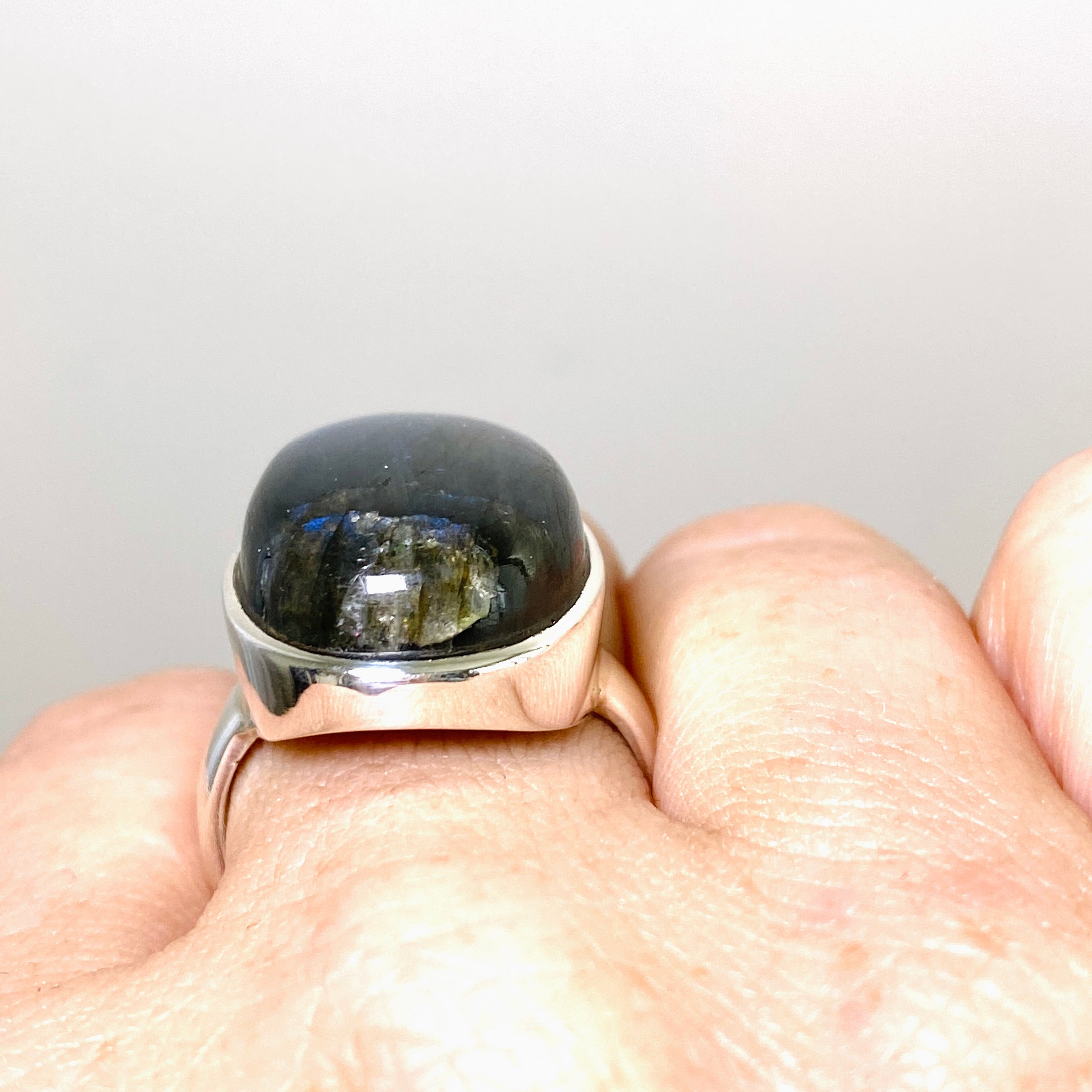 Natural Labradorite Oval Cabochon Ring - Size 9 Sterling Silver Handmade Jewelry for Women - Perfect for Boho Style, Gift Giving & Everyday Wear