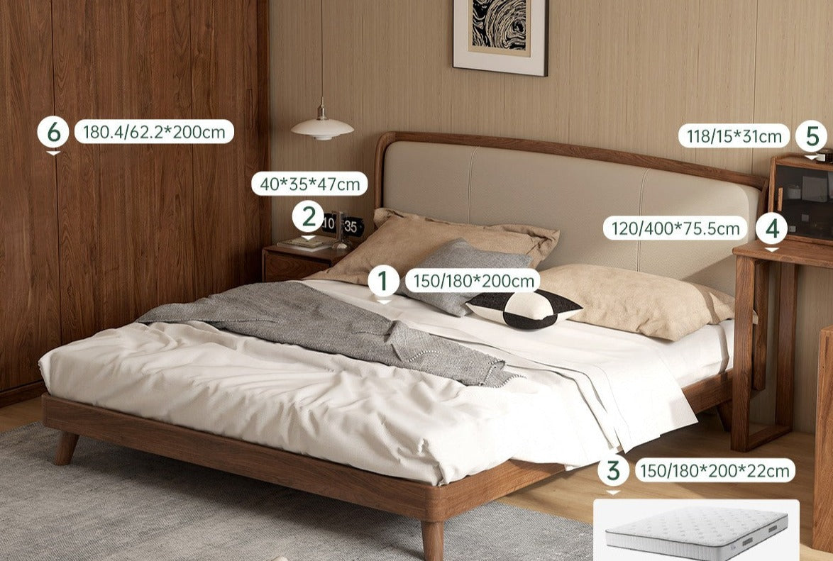 Five-piece bedroom set off-white leather bed + mattress + bedside table + dressing table + wardrobe