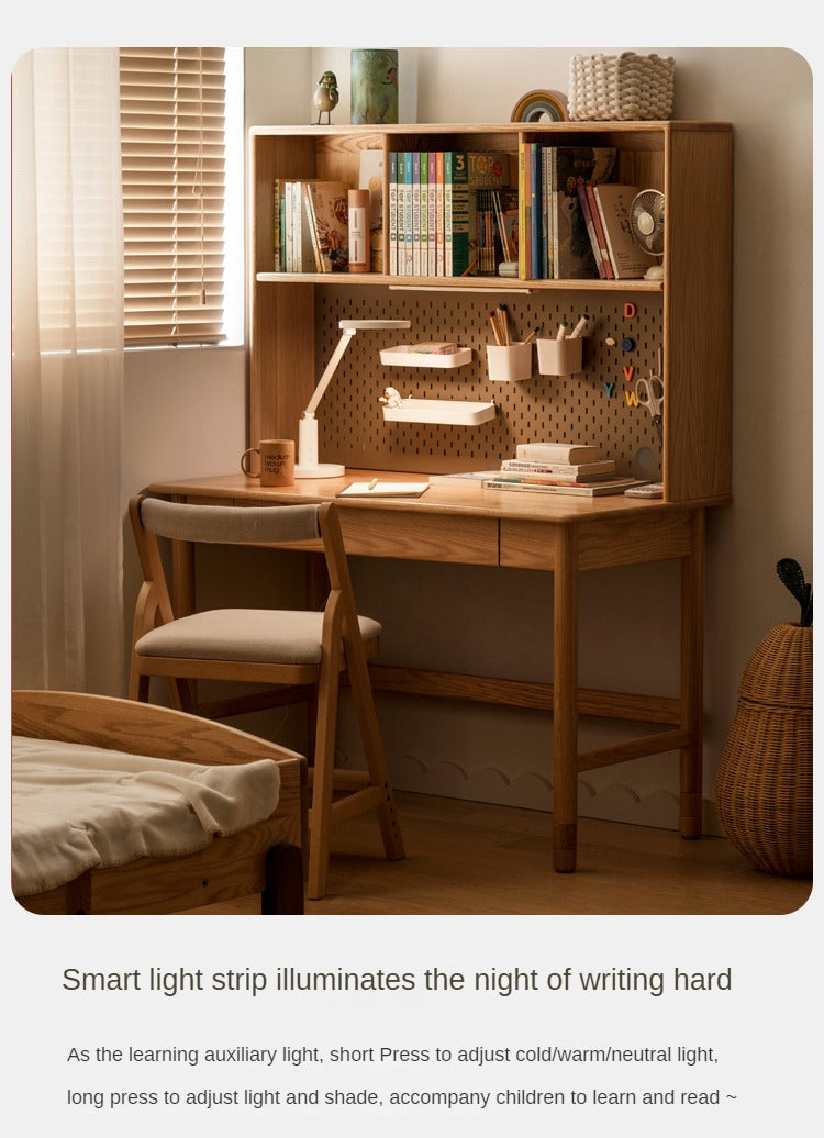 Solid Oak Wood Adjustable Height Kids Study Desk with Bookshelf - Perfect for Homework, Reading & Organizing in Bedroom or Playroom