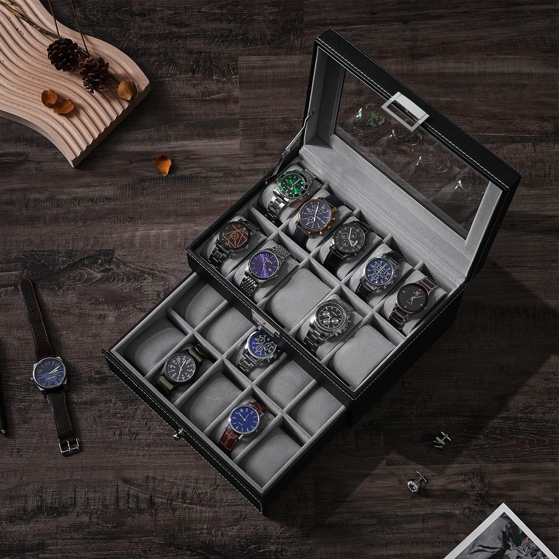 BEWISHOME 20-Slot Watch Box Organizer for Men - Black PU Leather Display Case with Metal Hinge & Glass Top - Large Watch Storage Holder SSH04B - Perfect for Watch Collections, Gifts, and Travel Accessories