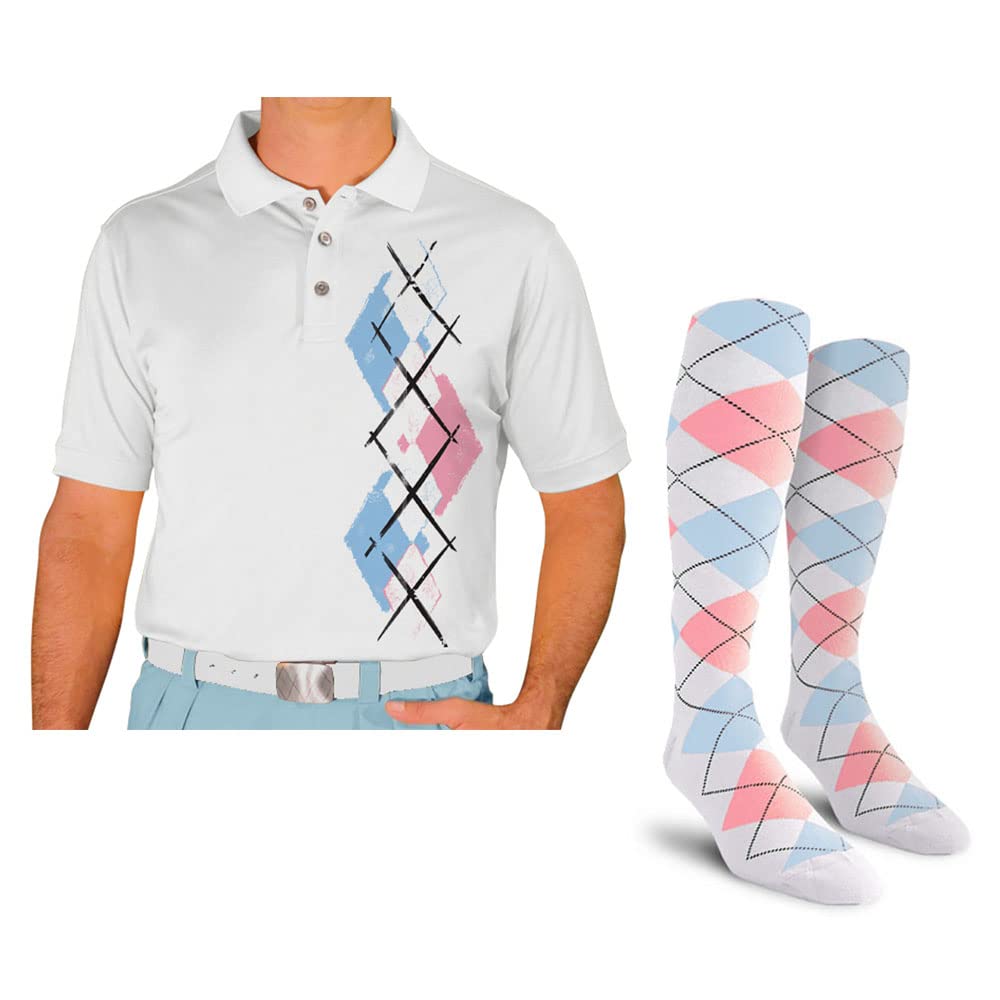 Men's Dry Fit Short Sleeve Graphic Golf Polo Shirt with Socks - Argyle Paradise Print - Moisture Wicking Performance Tee for Golf, Tennis & Casual Wear (AA-ZZ)