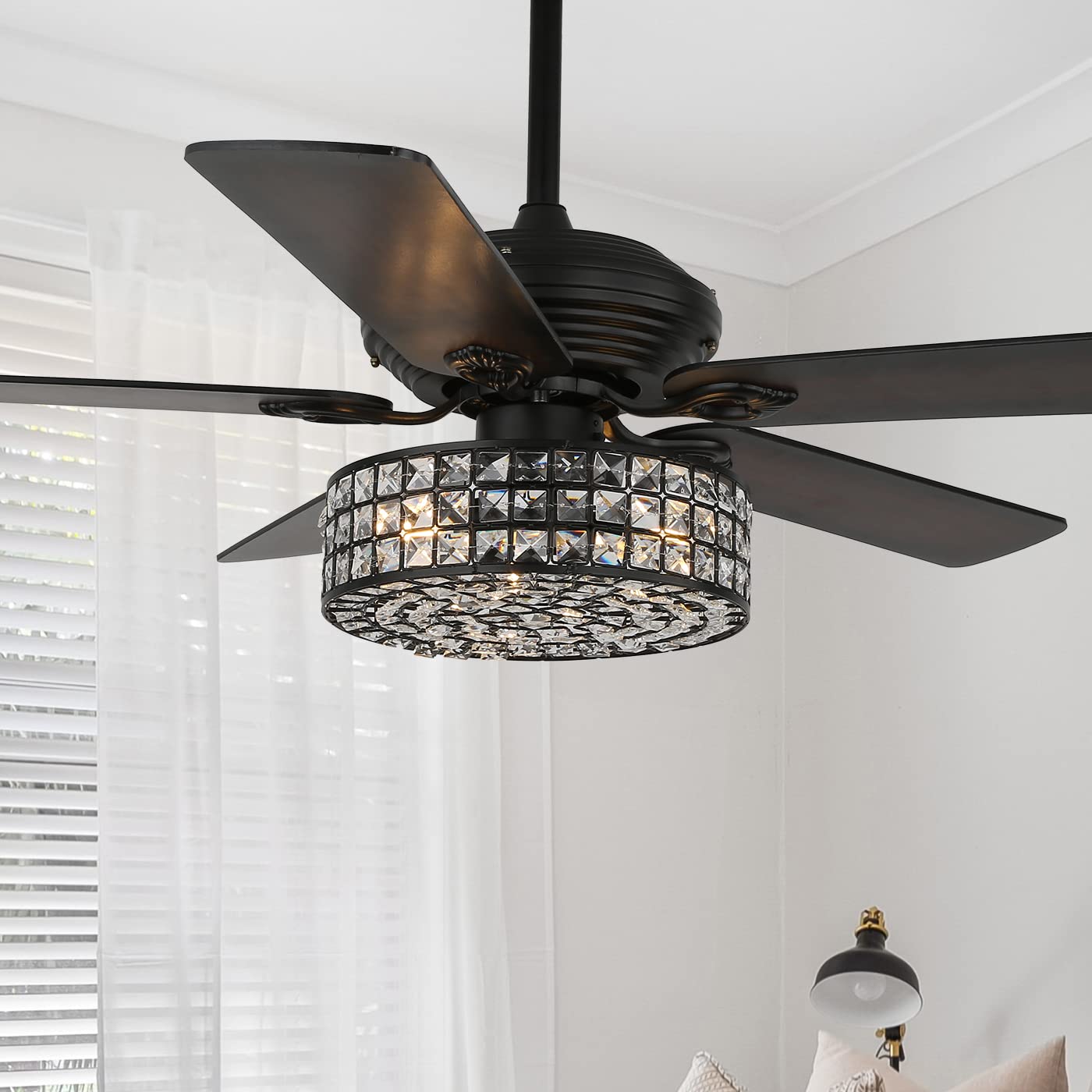 52 Inch Crystal Chandelier Ceiling Fan with Lights & Remote Control - Industrial Style Dual Finish Reversible Blades - Elegant Fandelier for Living Room, Dining Room, Bedroom & Home Office (Black) | Perfect for Modern Farmhouse, Industrial Loft & Luxury Home Decor