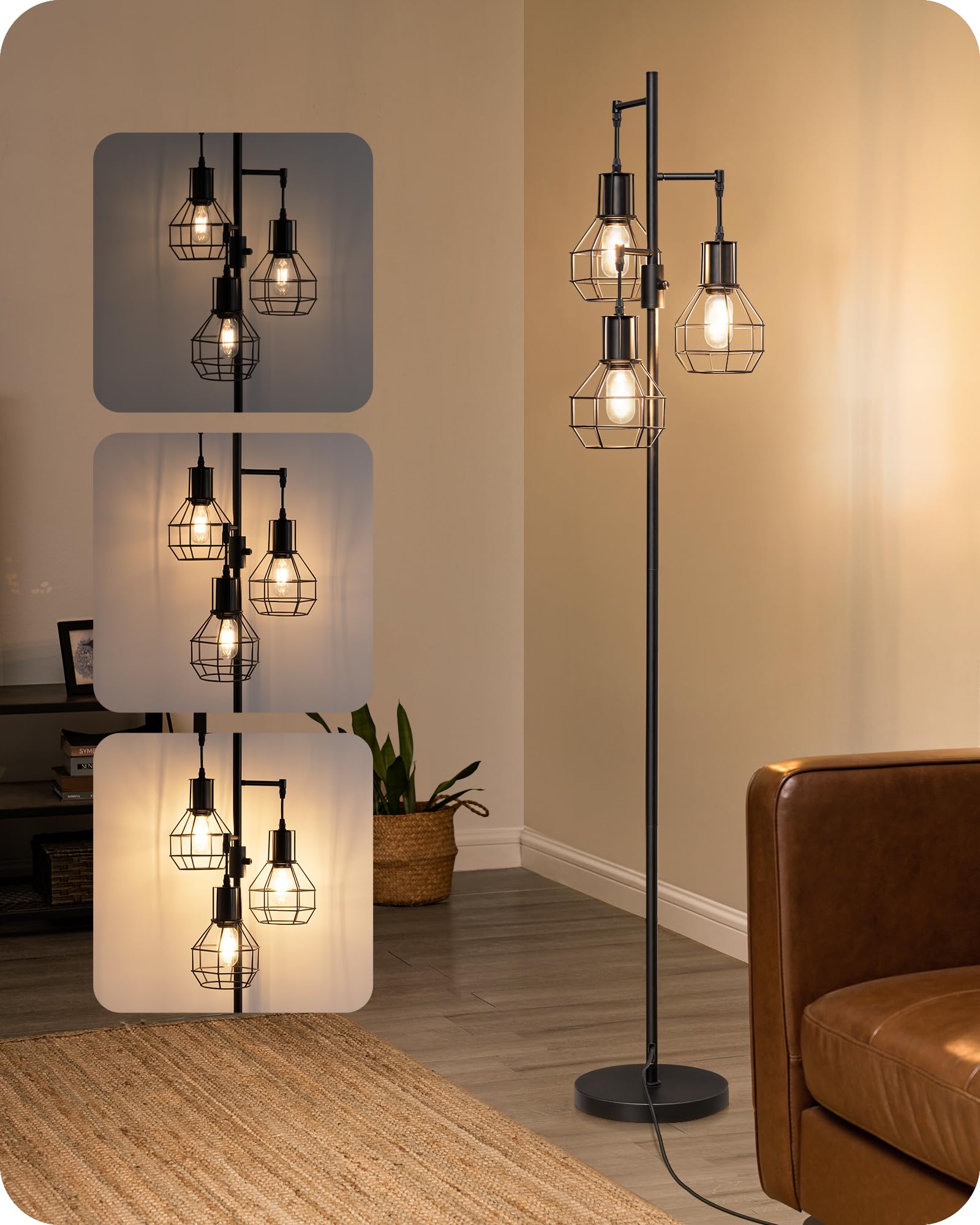 Dimmable Farmhouse Floor Lamp with 3 LED Edison Bulbs - Industrial Standing Lamp for Living Room, Bedroom & Office - Rustic Tall Tree Reading Lamp in Black - Perfect for Cozy Corners & Home Decor