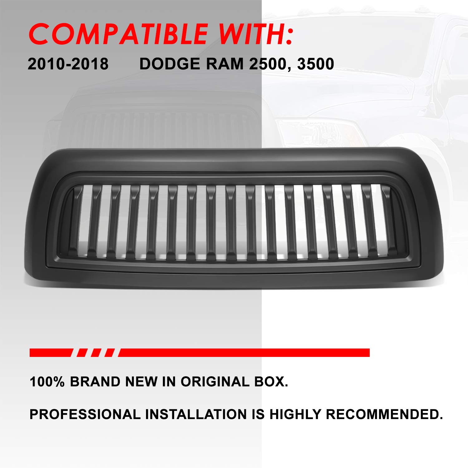 Auto Dynasty Matte Black Badgeless Vertical Slat Front Bumper Grille for Ram 2500 3500 DS/DJ/D2 (2010-2018) | Aggressive Style Upgrade for Trucks & Off-Road Adventures