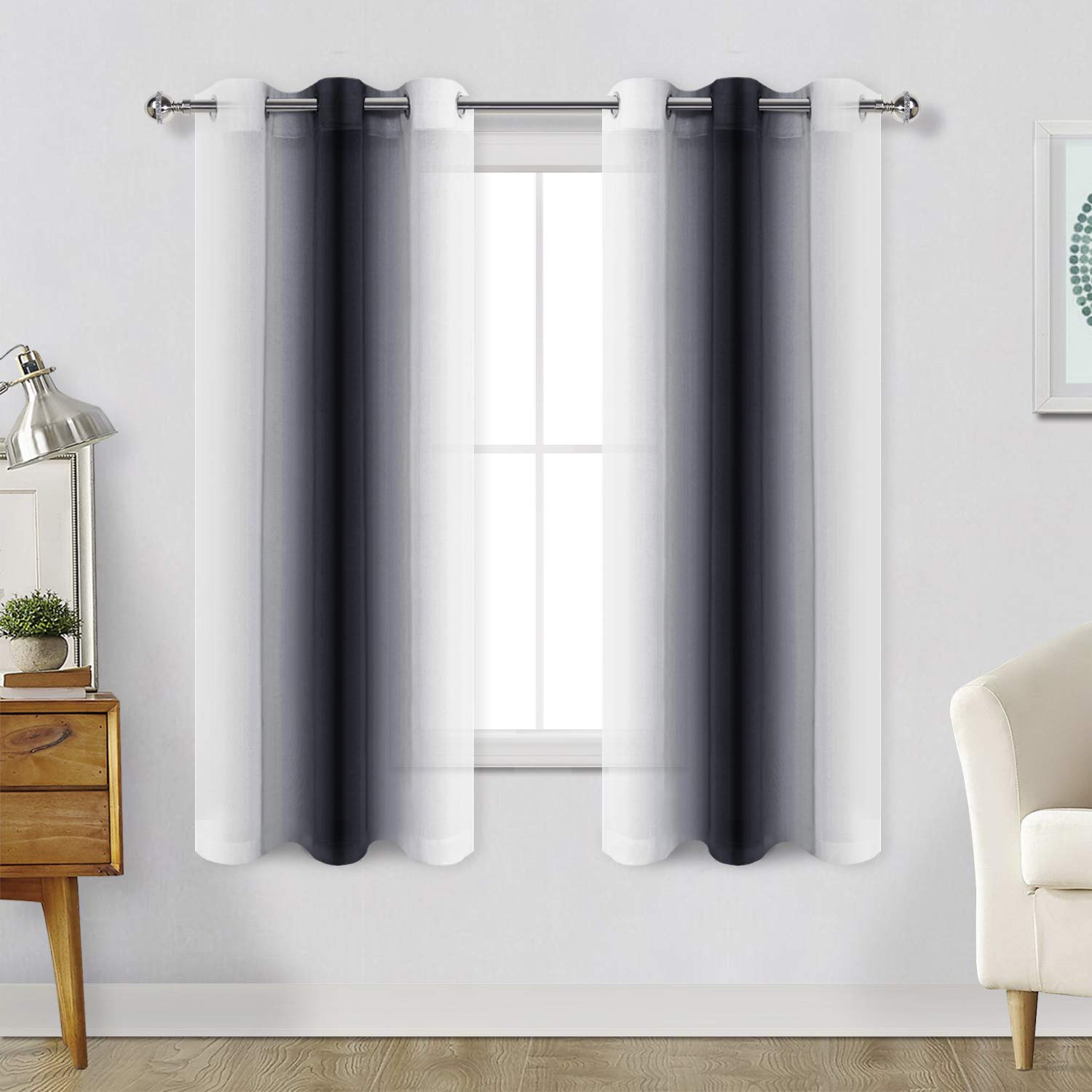 Ombre Sheer Curtains for Living Room & Bedroom - Faux Linen Voile Grommet Window Drapes, Set of 2 Panels (42x63 Inches), Black Gradient - Perfect for Modern Home Decor & Light Filtering