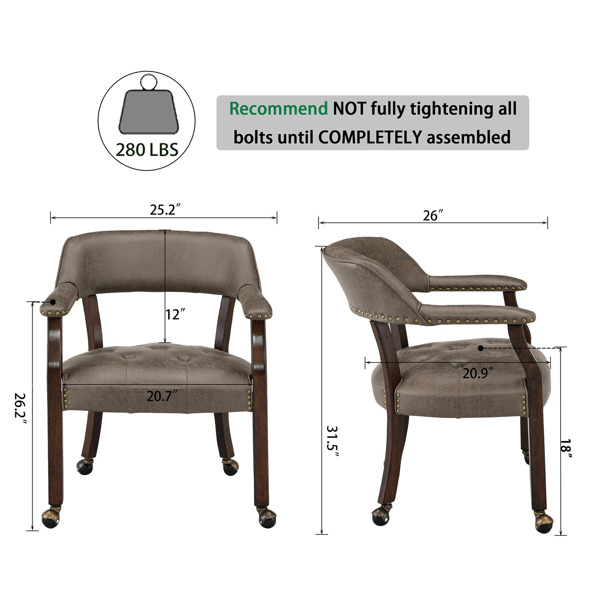Dark Brown High Back Dining Chair with Casters - Rolling Captain's Chair for Kitchen Table, Dinette Sets & Poker Games - Ergonomic Office & Home Use (Model 318DK)