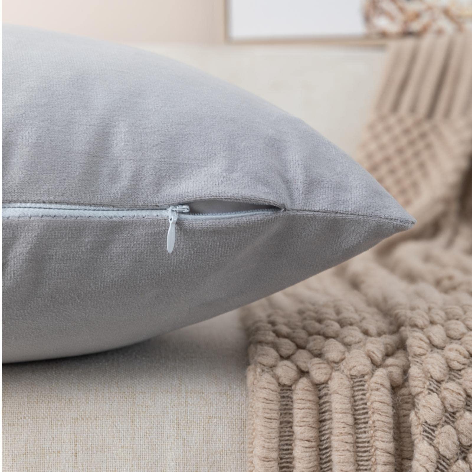 ZLINA Set of 2 Velvet Decorative Lumbar Pillow Covers - Grey & White Patchwork with Gold Leather Trim (12×20 Inch) for Sofa, Bed, Living Room & Car Decor - Luxury Home Accent Pillows