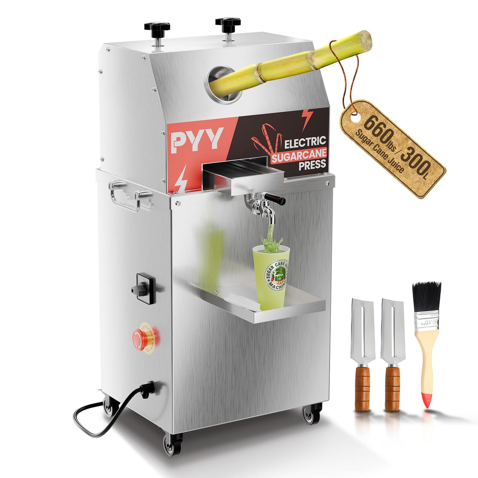 Commercial 800W Electric Sugar Cane Juicer Machine - 3-Rollers Stainless Steel Extractor with Cleaning Brush & 2 Peelers, 110V (Guarapera de Caña de Azúcar Eléctrica) - Perfect for Juice Bars, Restaurants, and Home Use