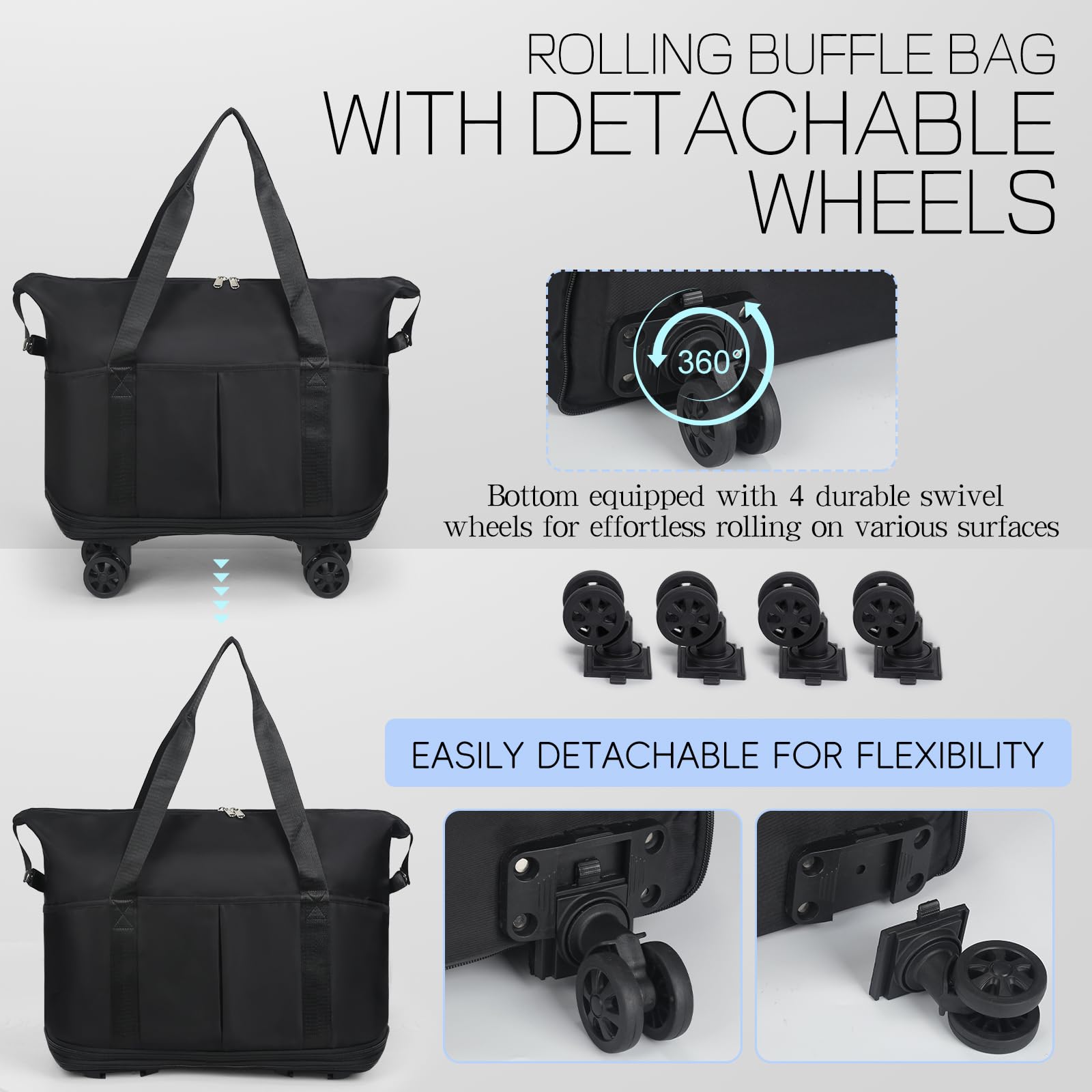 VOOWO Expandable Rolling Duffel Bag with Wheels - Large Foldable Wheeled Travel Duffle for Carry On Luggage, Overnight Weekender Bag - Perfect for Air Travel, Gym, Camping & Weekend Getaways (Black)
