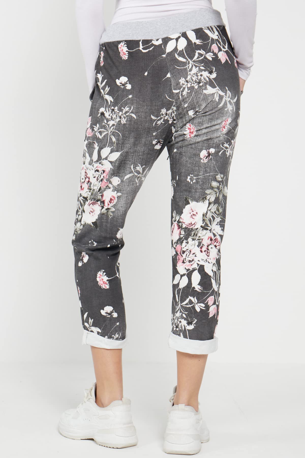 Women's Floral Print Denim Joggers - High Waisted Casual Sweatpants for Summer | Italian Gym Pants for Women | Plus Size 6-20 | Perfect for Yoga, Running & Streetwear Fashion