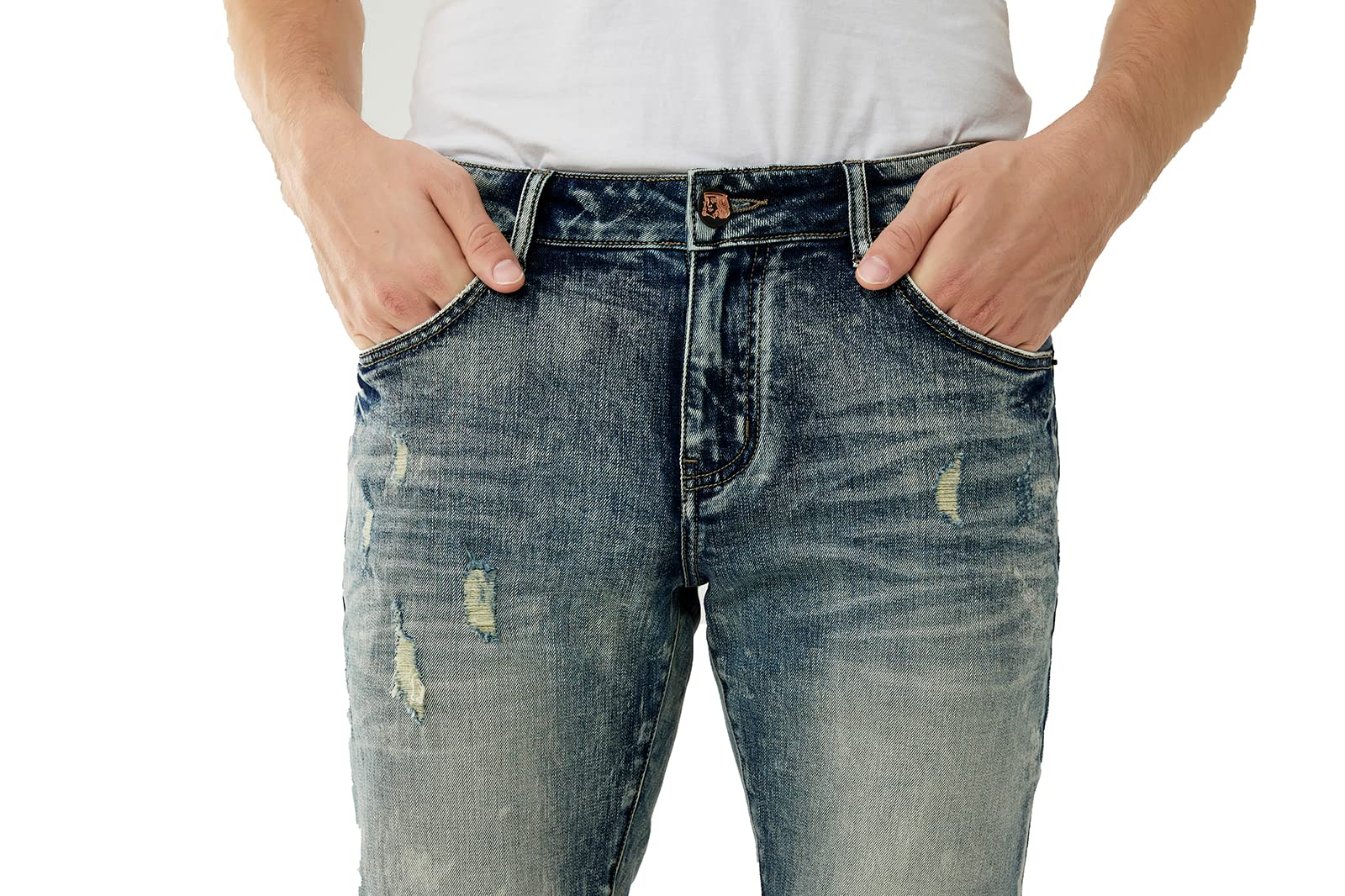 Men's Distressed Slim Fit Stretch Ripped Denim Jeans - Full Length Destroyed Wash for Casual Wear & Street Style