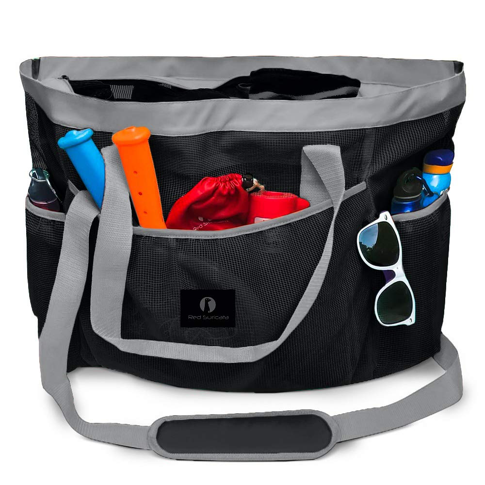 Red Suricata Mesh Beach Bag with Zipper - Extra Large Waterproof Tote for Pool, Travel & Shopping | Durable & Lightweight Beach Essentials