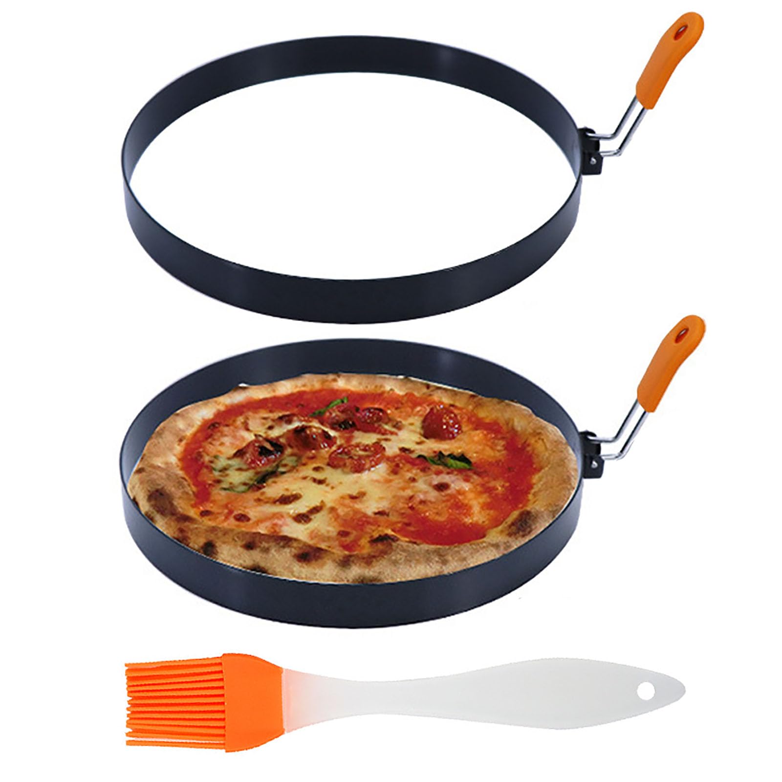 2-Pack Stainless Steel Pancake Ring Mold Set - 8 Inch Nonstick Round Egg & Omelet Rings with Silicone Handle & Oil Brush - Perfect for Pancakes, English Muffins, Tortillas on Griddle or Stovetop