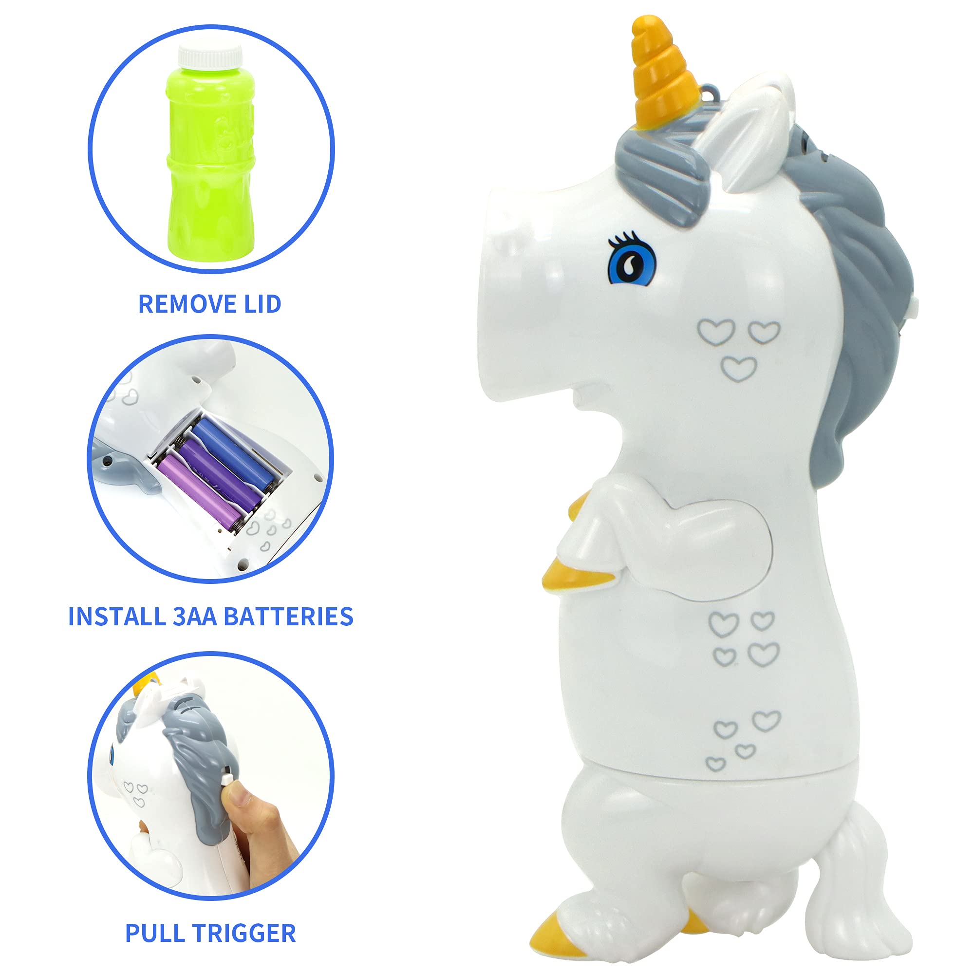 JOYIN Unicorn Bubble Blower Wand with Music & LED Lights | Bubble Gun with Bubble Solution | Birthday Party Favors & Summer Outdoor Toys | Fun for Kids, Pool Parties & Backyard Activities