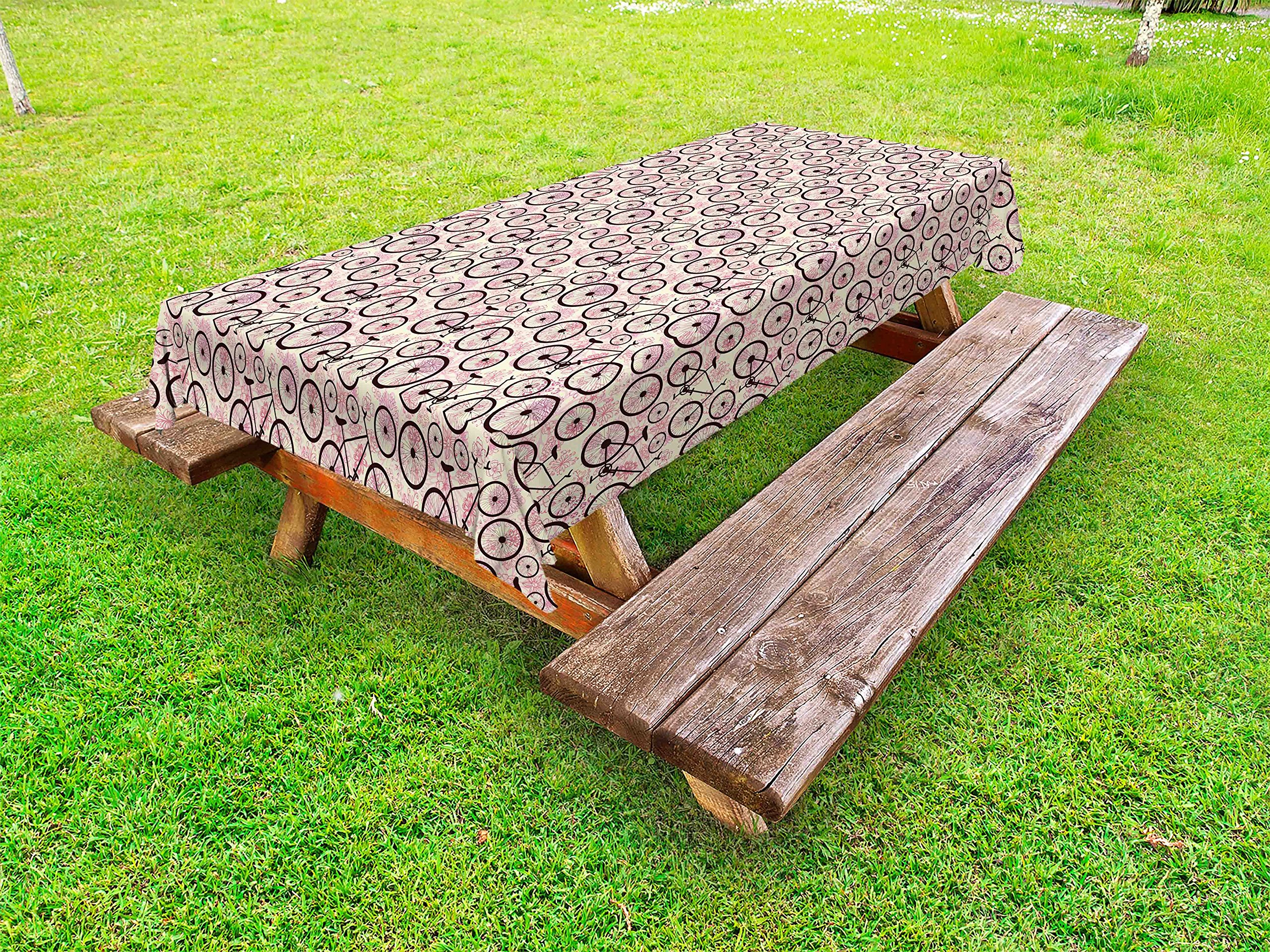 Ambesonne Washable Picnic Tablecloth - Romantic Pink Blossoms Doodle Design, 58x84 Inch Outdoor Dining Table Cover for Bicycle Picnics, Garden Parties & Camping (Dark Brown/Pink/Pale Yellow)