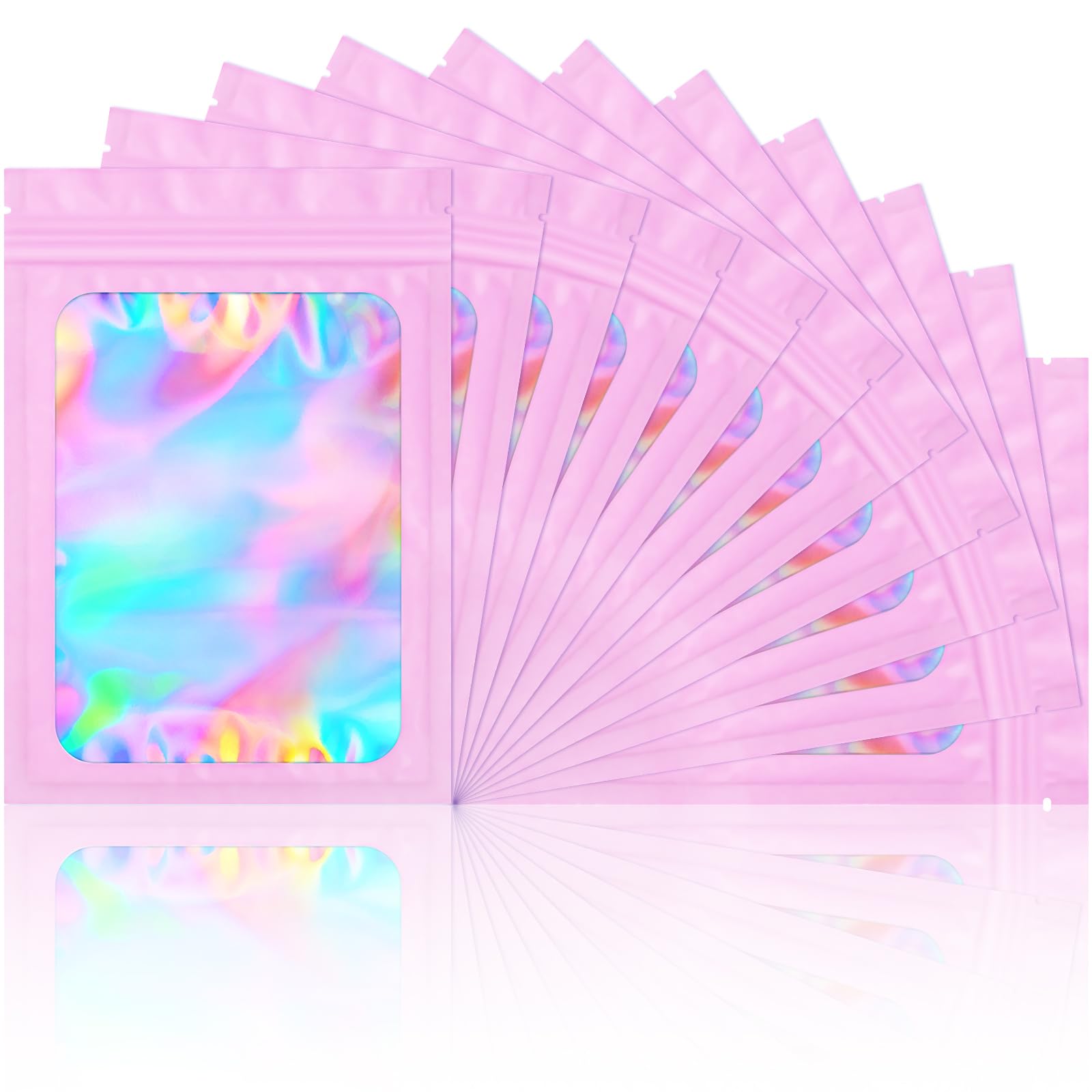 100 Pack Smell Proof Bags - Resealable Mylar Holographic Pouch with Clear Window for Food Storage, Eyelash, Jewelry & Electronics (Pink, 3.5 x 4.7 Inch) | Airtight Packaging for Travel, Organization & Odor Control