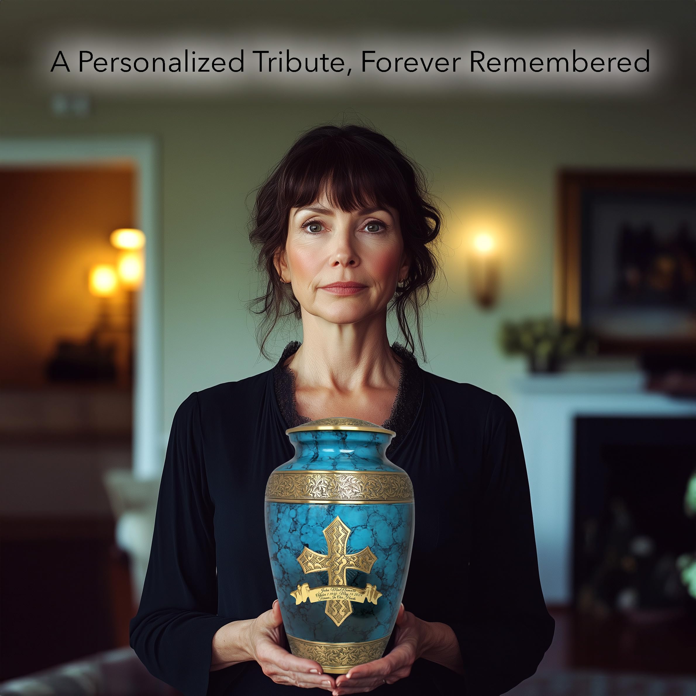 Blue Cross Cremation Urn for Ashes - Personalized Adult Male Urn for Human Ashes | Handcrafted Decorative Urn with Cross Design | Large Capacity Memorial Urn for Funeral, Memorial Service & Home Display