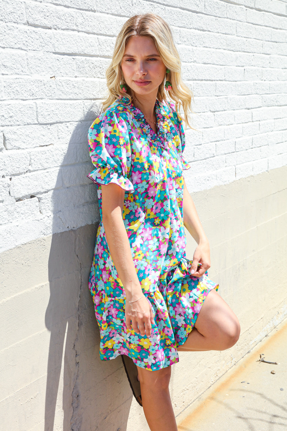 Elegant Blue Smocked Notch Neck Babydoll Floral Print Dress - Perfect for Summer Parties, Weddings & Date Nights