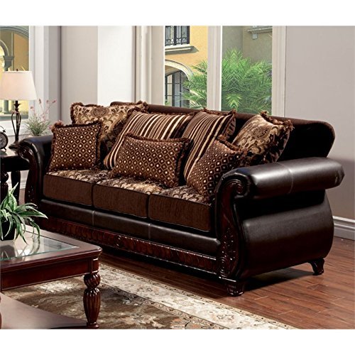 Furniture of America Esmeralda Fabric and Leatherette Sofa - Dark Brown Modern Living Room Couch for Home, Office & Lounge Comfort