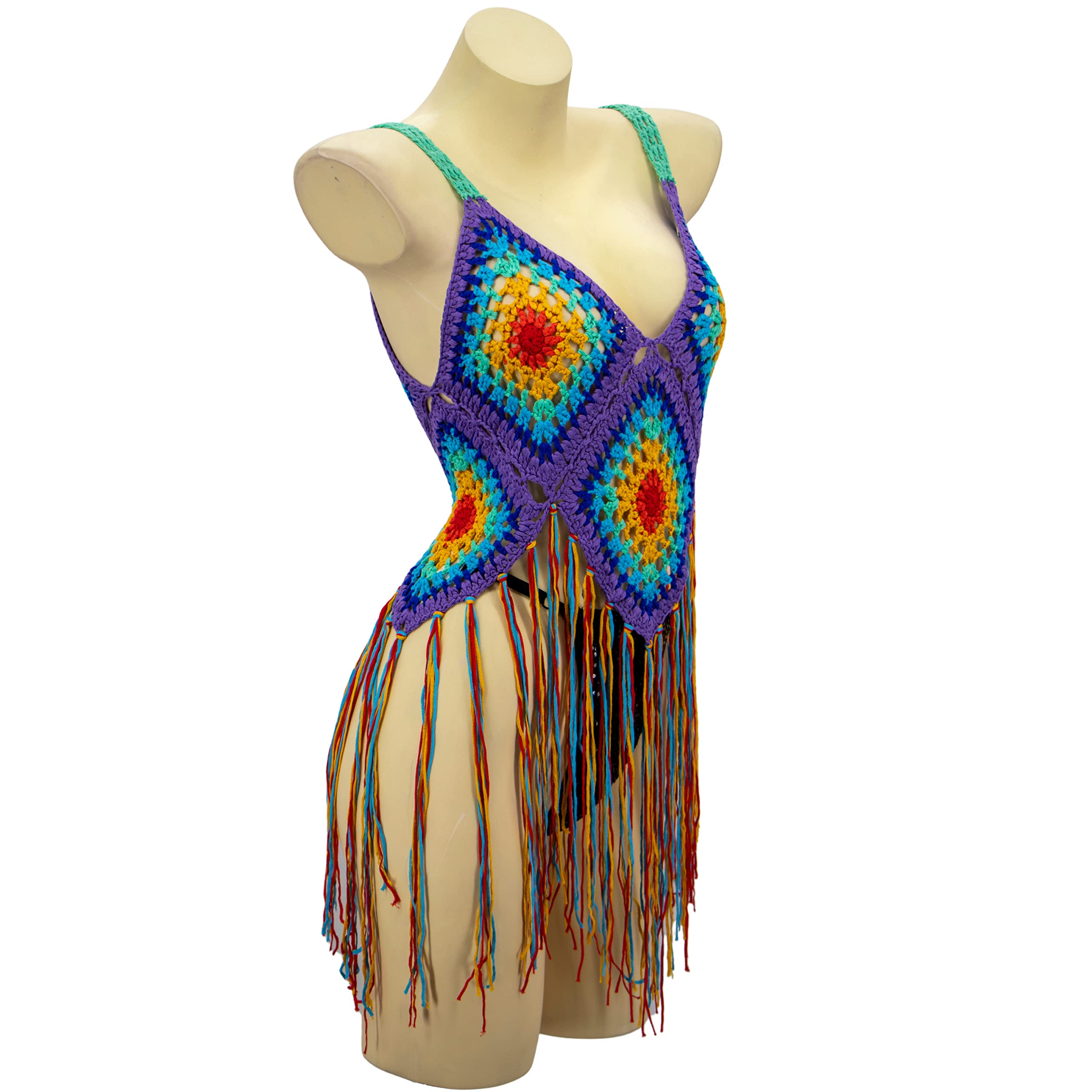 Rainbow Crochet Top with Fringes - Boho Summer Beachwear for Women | Perfect for Music Festivals, Vacations & Casual Outings