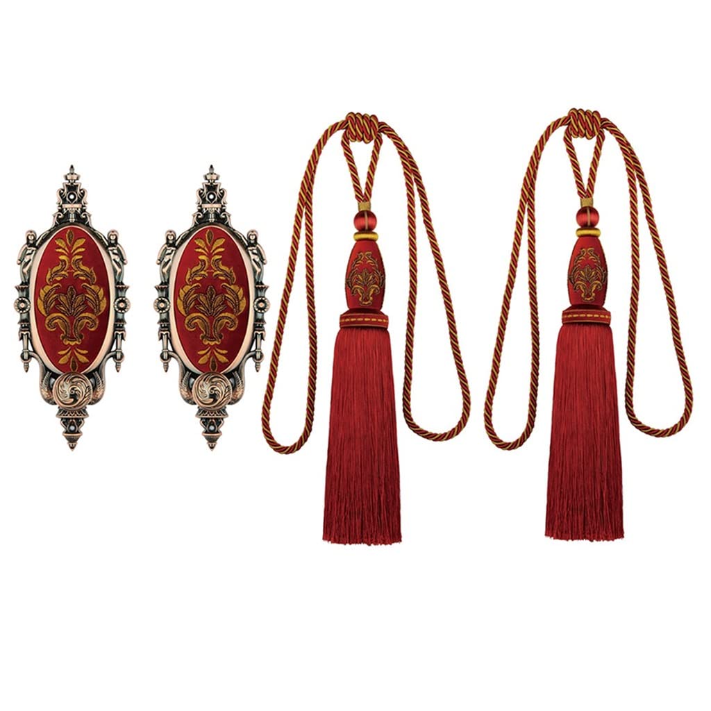 LiPengTaoHome Decorative Curtain Holdbacks - Set of 2 Metal Wall Hooks with Hand-Embroidered Beaded Tie Backs (Red) for Living Room, Bedroom & Window Dressing