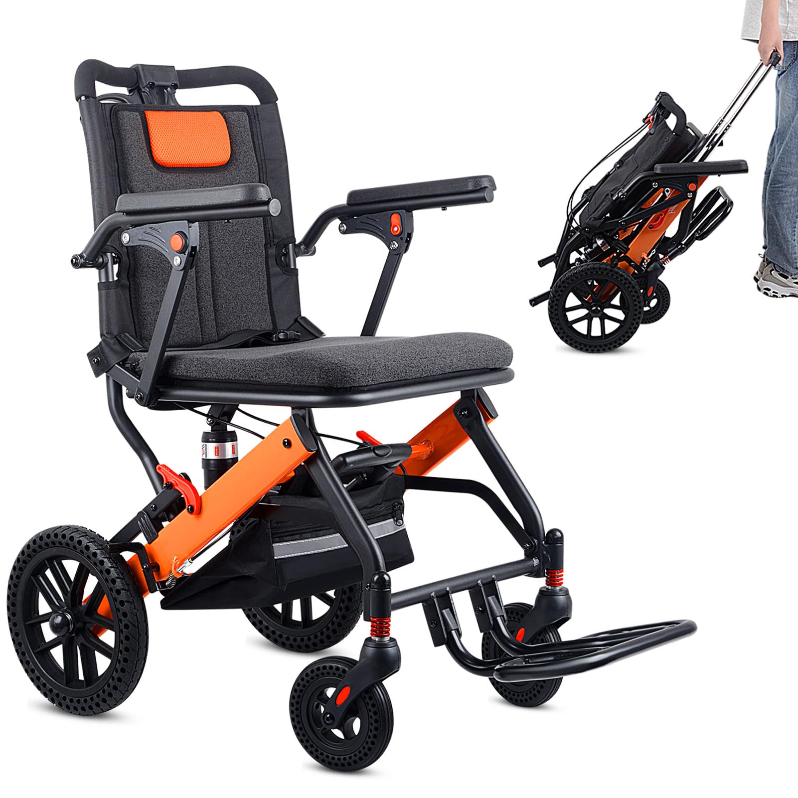 WISGING Ultra-Lightweight Folding Transport Wheelchair with Hand Brake & Travel Bag - Portable Mobility Aid for Seniors & Adults - Ideal for Air Travel, Hospitals & Daily Use (Includes Telescopic Handle)