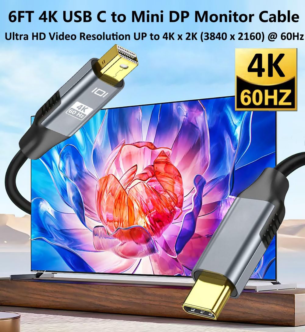 4K USB C to Mini DisplayPort Cable 6FT - Thunderbolt 3 Compatible for MacBook Pro/Air (2024-2016), iPhone 15 Series, Surface Book 2, Galaxy S23/S21/S20/S10/S9 - High-Speed Video & Audio Transmission for Home Office, Gaming & Presentations