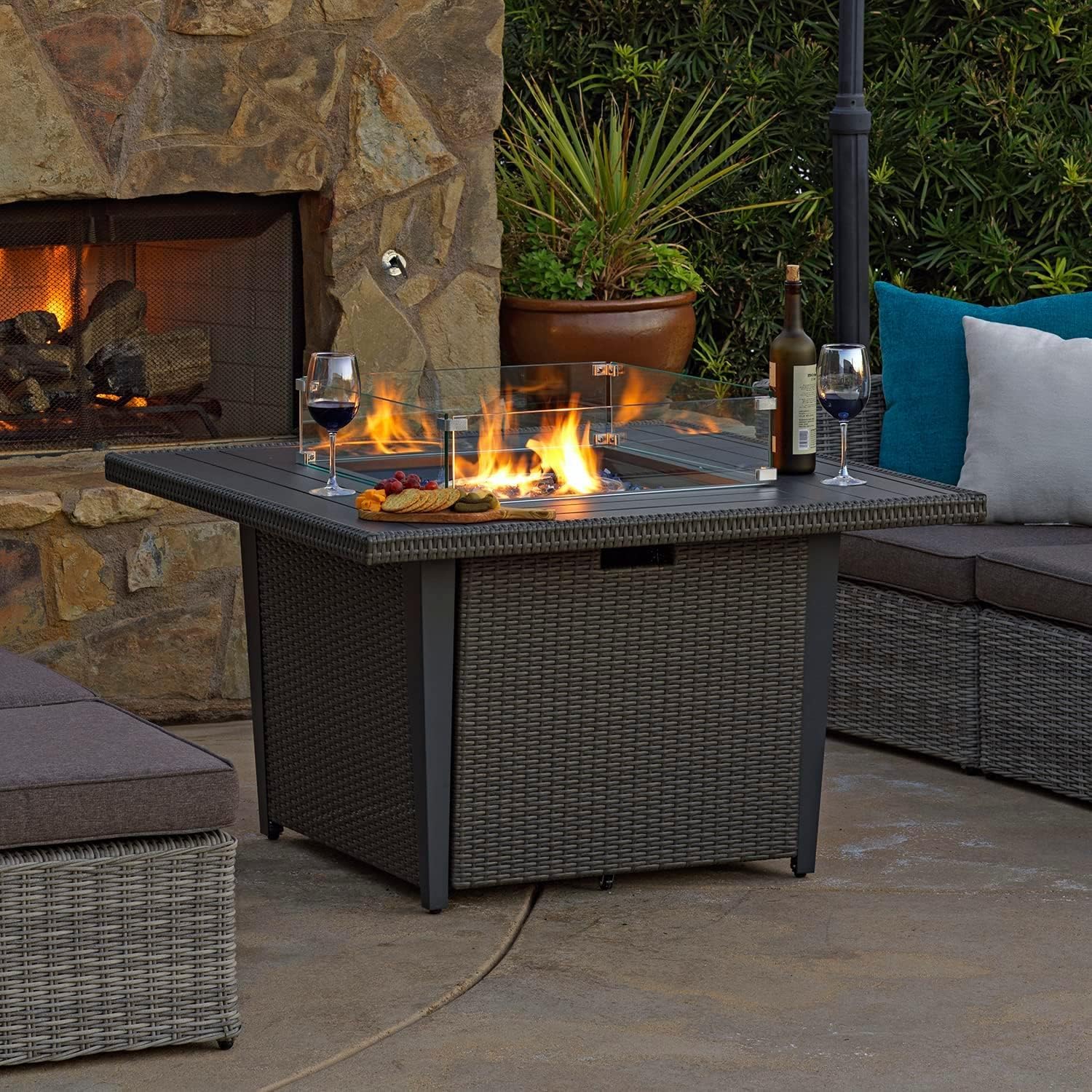 42 Inch Square Propane Fire Pit Table - 50,000 BTU Auto-Ignition Outdoor Gas Fire Pit with Glass Wind Guard - CSA Certified for Patio, Backyard & Garden - Perfect for Outdoor Entertaining & Relaxation