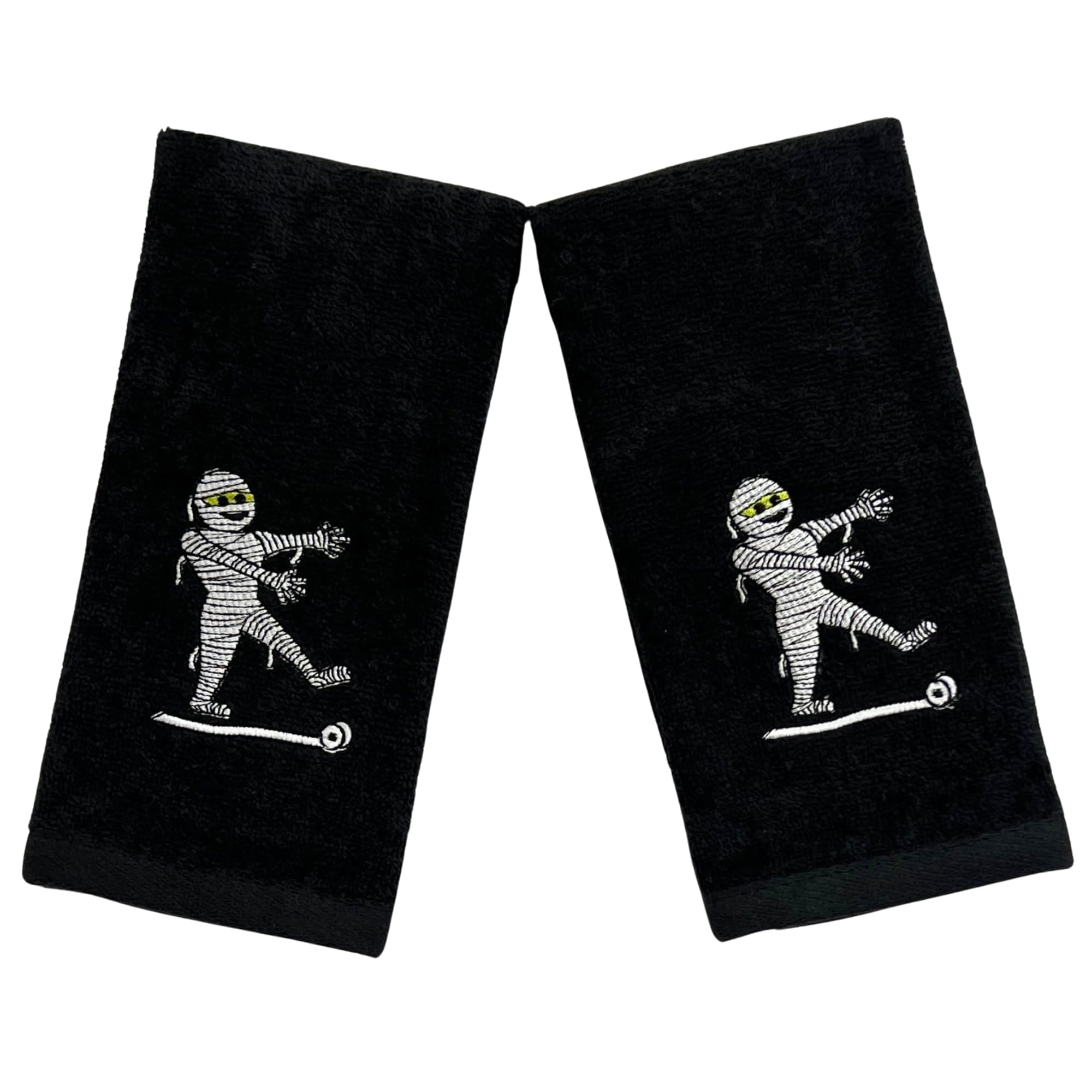 Serafina Home Halloween Fingertip Towels - 2 Pack Black Cotton Embroidered Mummy Design (12x18 Inches) - Perfect for Spooky Decor, Guest Bathrooms & Halloween Party Favors