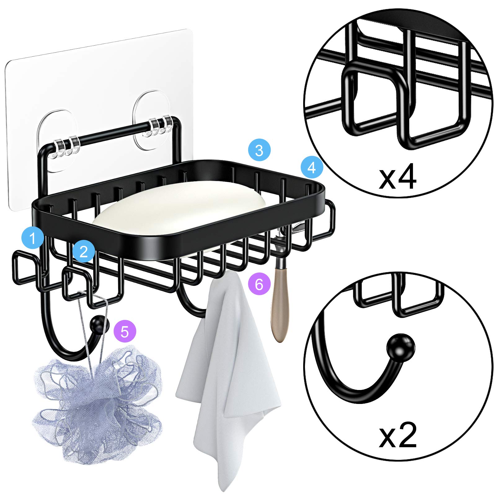 ODesign Adhesive Wall Mounted Soap Dish Holder with 6 Hooks - Loofah, Bath Sponge, Towel & Razor Organizer for Bathroom, Shower & Kitchen - No Drilling Required (Black, 1 Pack) - Perfect for Small Space Organization & Clutter-Free Bathroom Storage