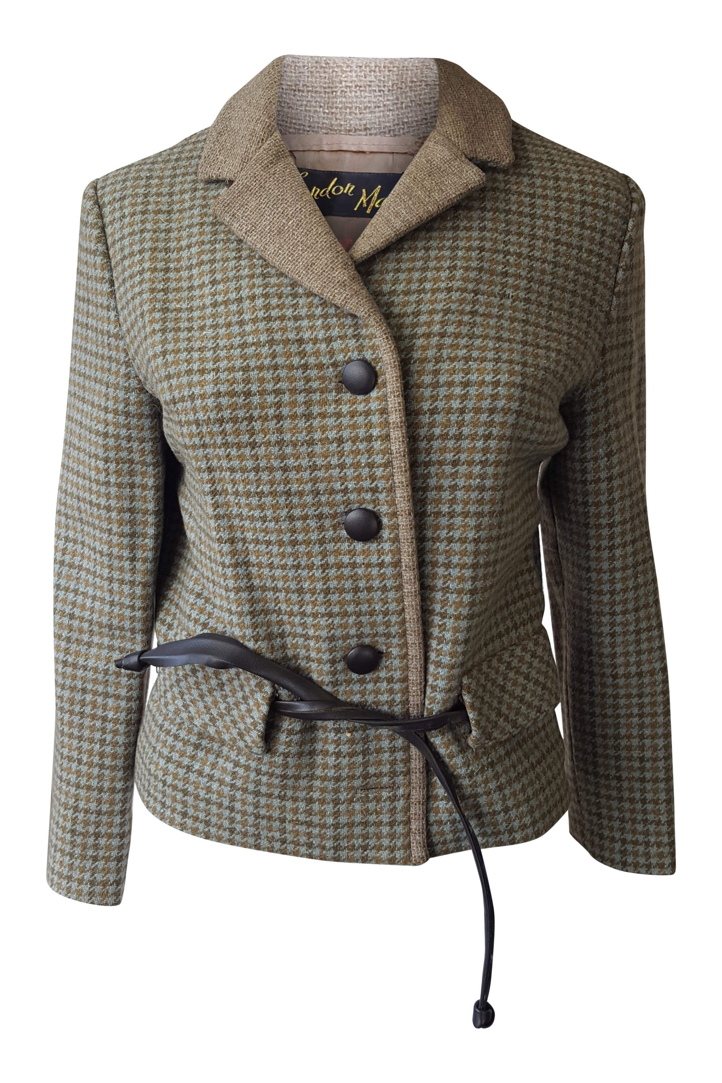 Vintage Green Dogtooth Check Wool Coat for Women - London Maid Retro Winter Coat (Size S) | Perfect for Office, Dating & Holiday Outfits