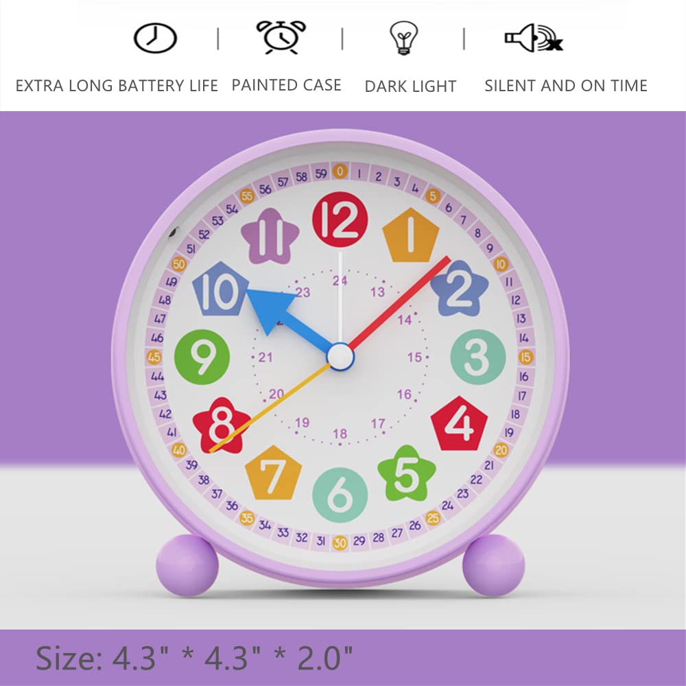 Educational Analog Alarm Clock for Kids - 4 Inch Silent Non-Ticking Teaching Clock with Night Light | Perfect for Bedroom, Nursery & Classroom Learning | Purple Cute Desk Clock for Girls & Boys