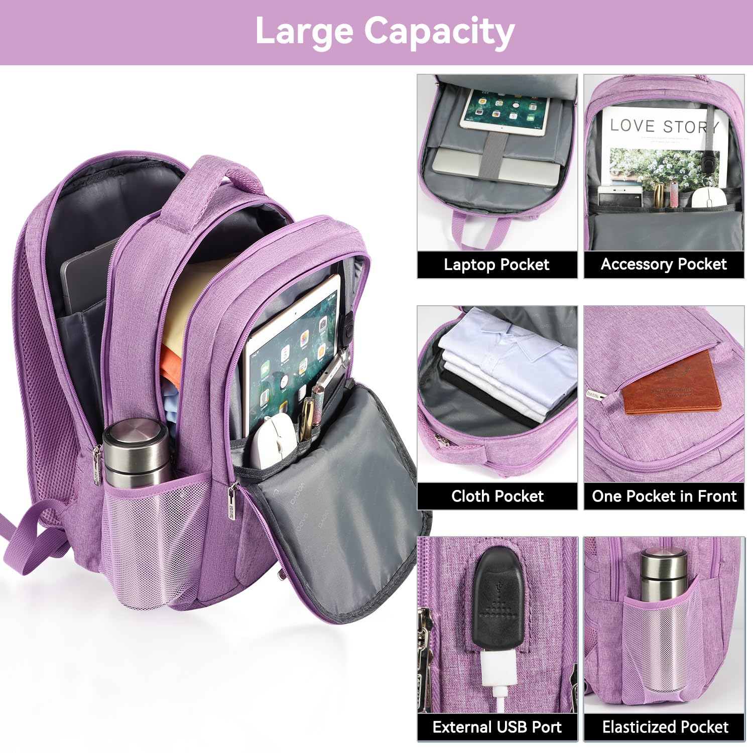 Voova Travel Laptop Backpack for Women & Men - USB Charging Port, Waterproof Slim Design, Fits 15.6 Inch Laptops - Durable Business Work & College Computer Bag (Purple) - Perfect for Commuting, Air Travel and Daily Office Use