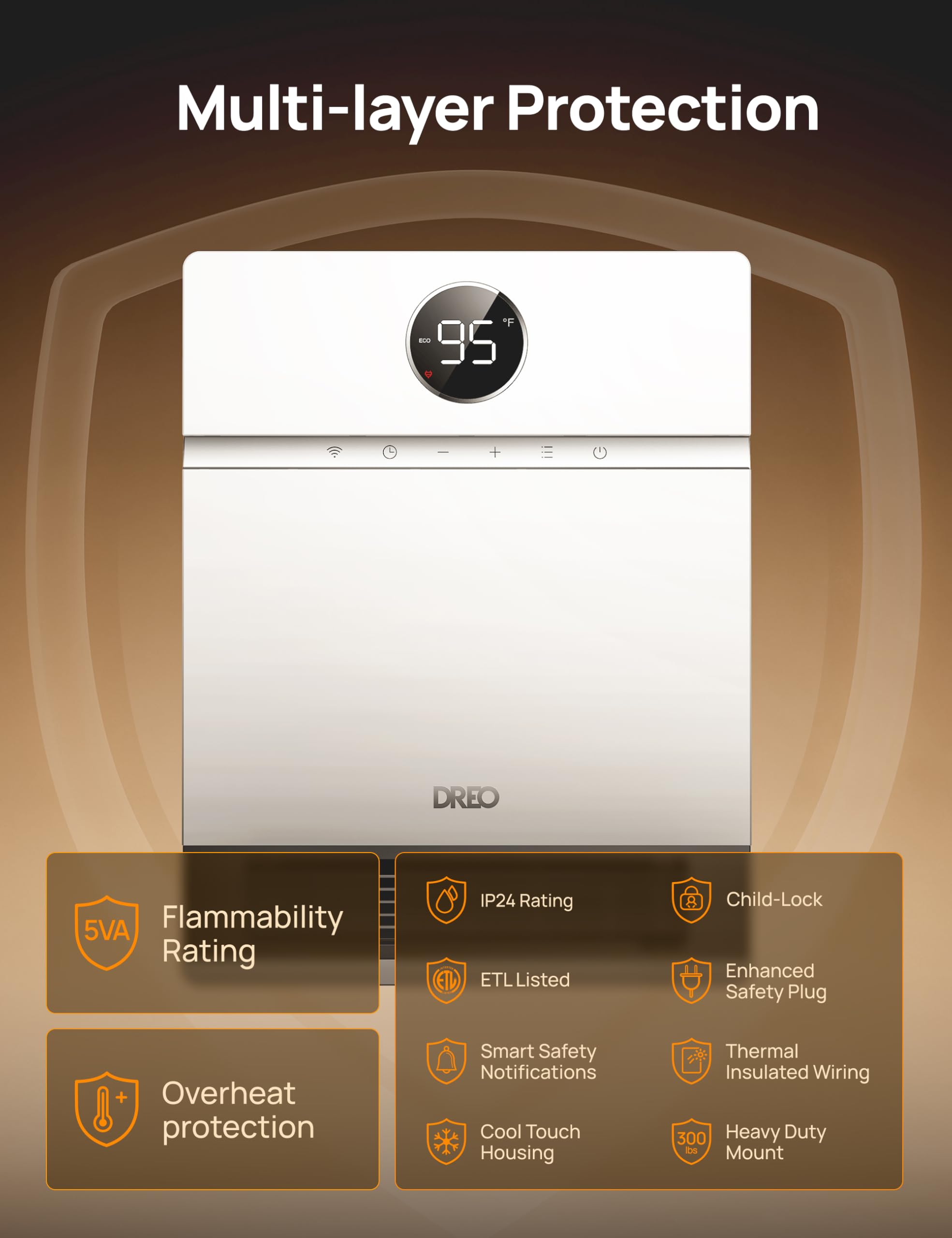 Dreo Smart Wall Heater with Remote Control - 1500W Electric PTC Space Heater for Indoor Use, IP24 Safe, 30° Oscillation, Adjustable Thermostat, Alexa Compatible, 24H Timer - Perfect for Bedroom, Office, and Home Heating - Easy Mount & Energy Efficient