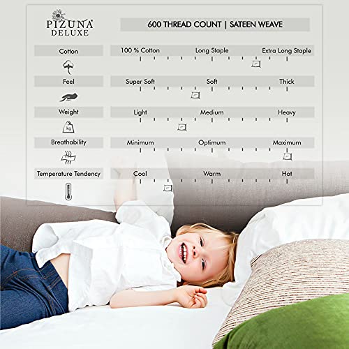 Pizuna Pure 100% Cotton Split King Sheets - 600 Thread Count Long Staple Sateen Weave - Fits 15