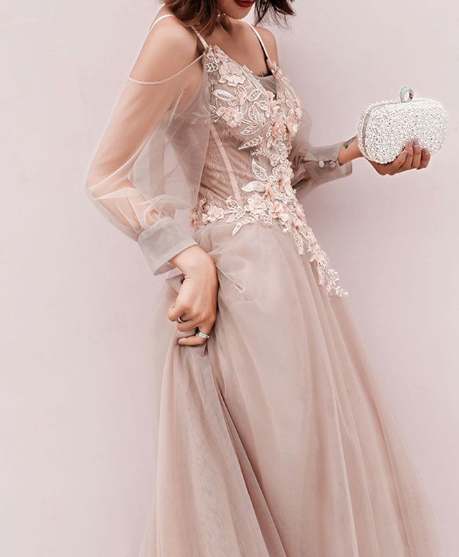 Elegant Champagne Tulle Lace Long Prom Dress | Formal Evening Gown for Homecoming, Wedding, and Special Occasions
