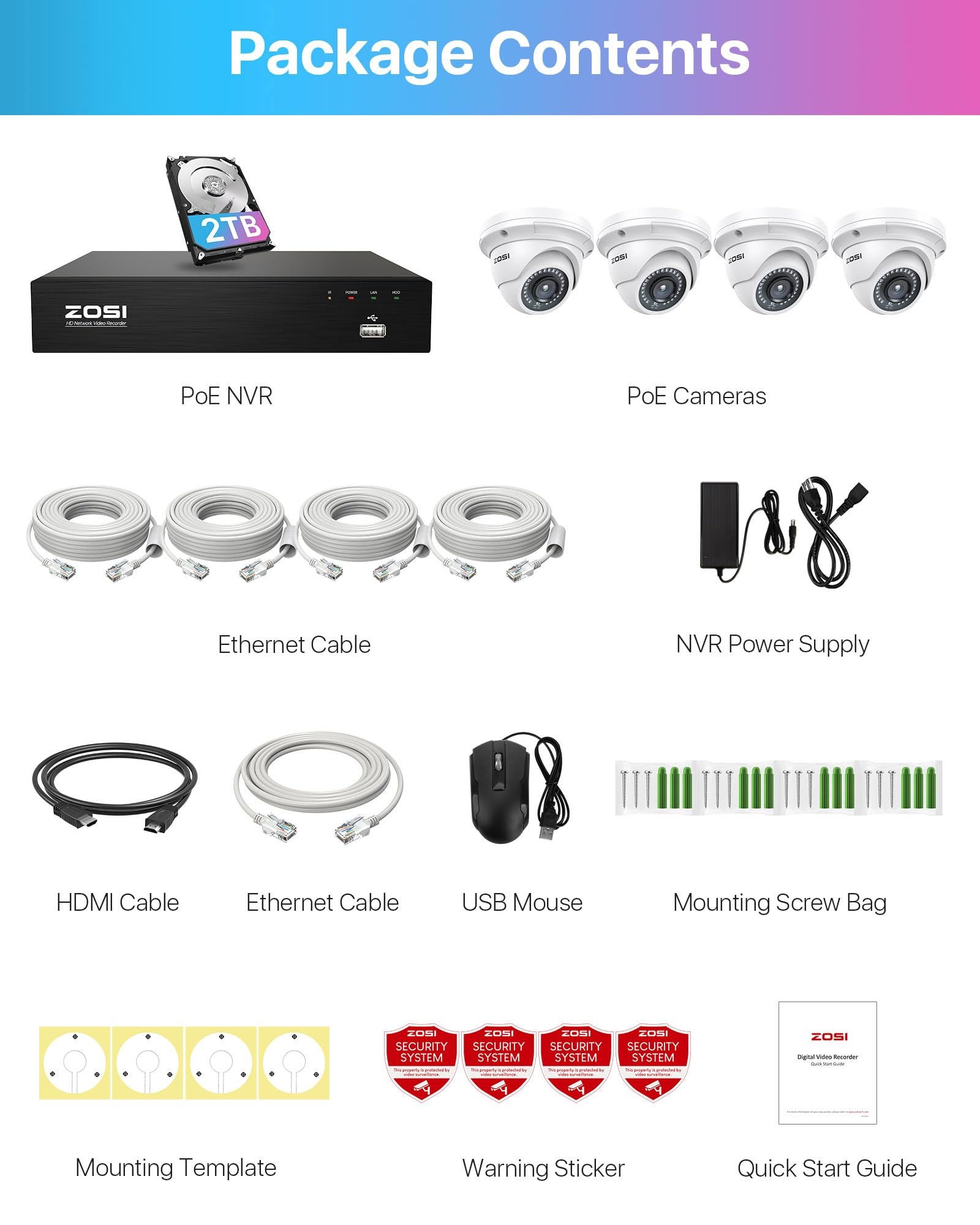 ZOSI 8CH 4K PoE Security Camera System with 2TB HDD - 4x 5MP Outdoor/Indoor IP Dome Cameras, Night Vision, Motion Detection, Remote Viewing, 8-Port 16CH NVR - Ideal for Home & Business 24/7 Surveillance Monitoring