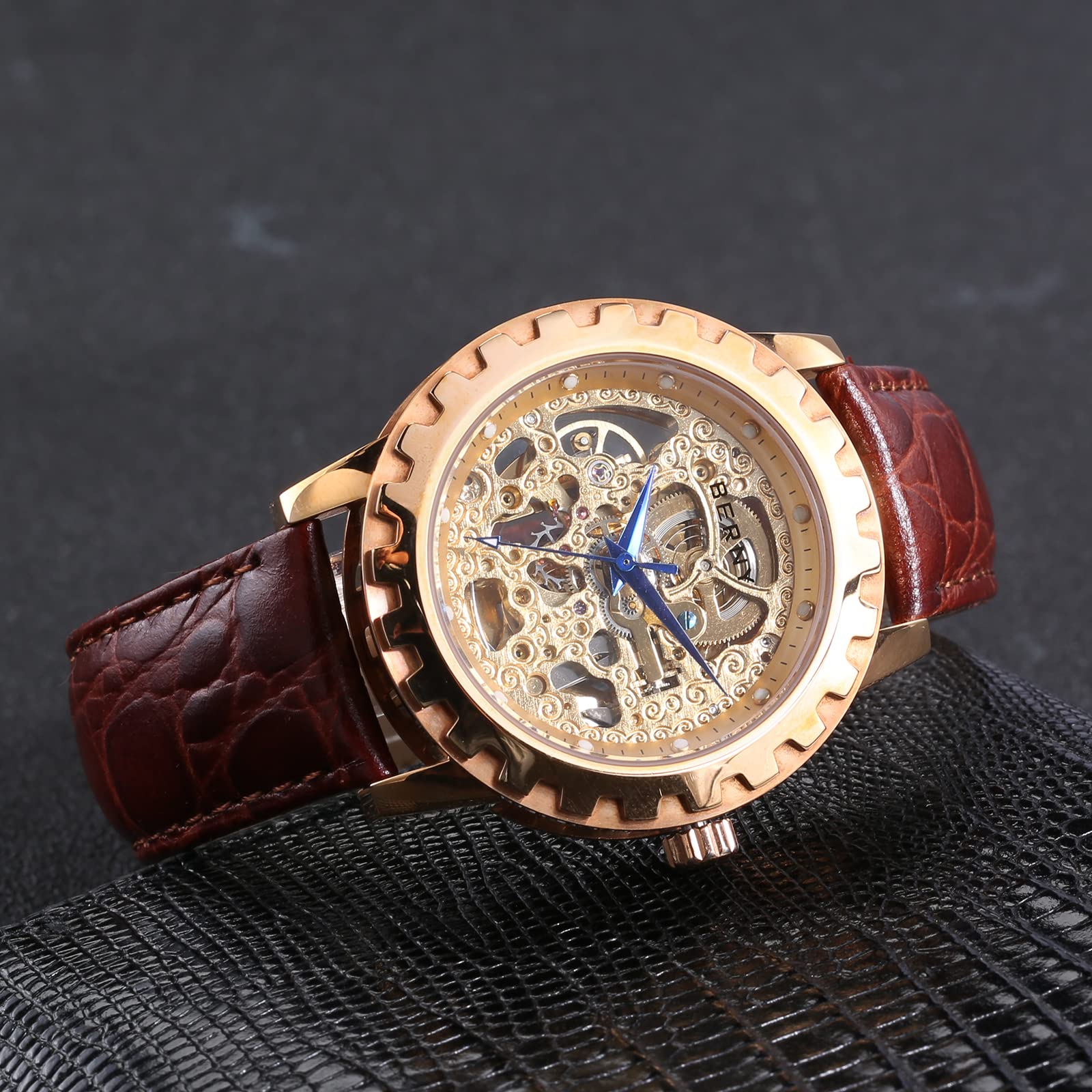 BERNY Luxury Automatic Skeleton Men's Watch - Gold Mechanical Dress Wristwatch with Exhibition Back, Luminous Markers & Waterproof - Perfect for Business, Formal Events & Gifts