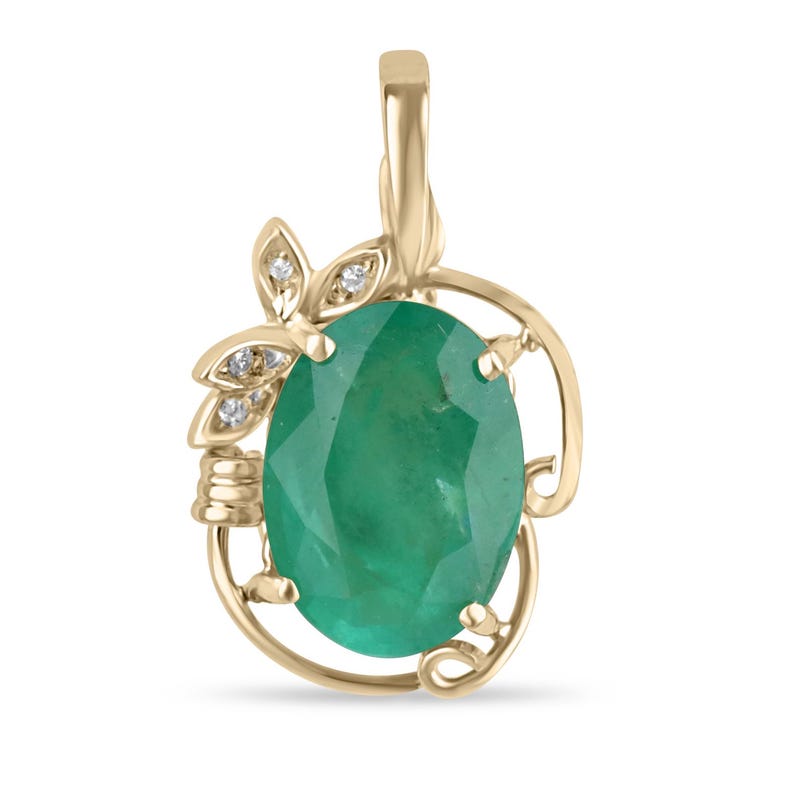 14K Gold Colombian Emerald and Diamond Floral Pendant - 7.97tcw Medium Green Oval Gemstone Jewelry for Women, Gift for Mom, Anniversary, Birthday, Wedding, Valentine's Day