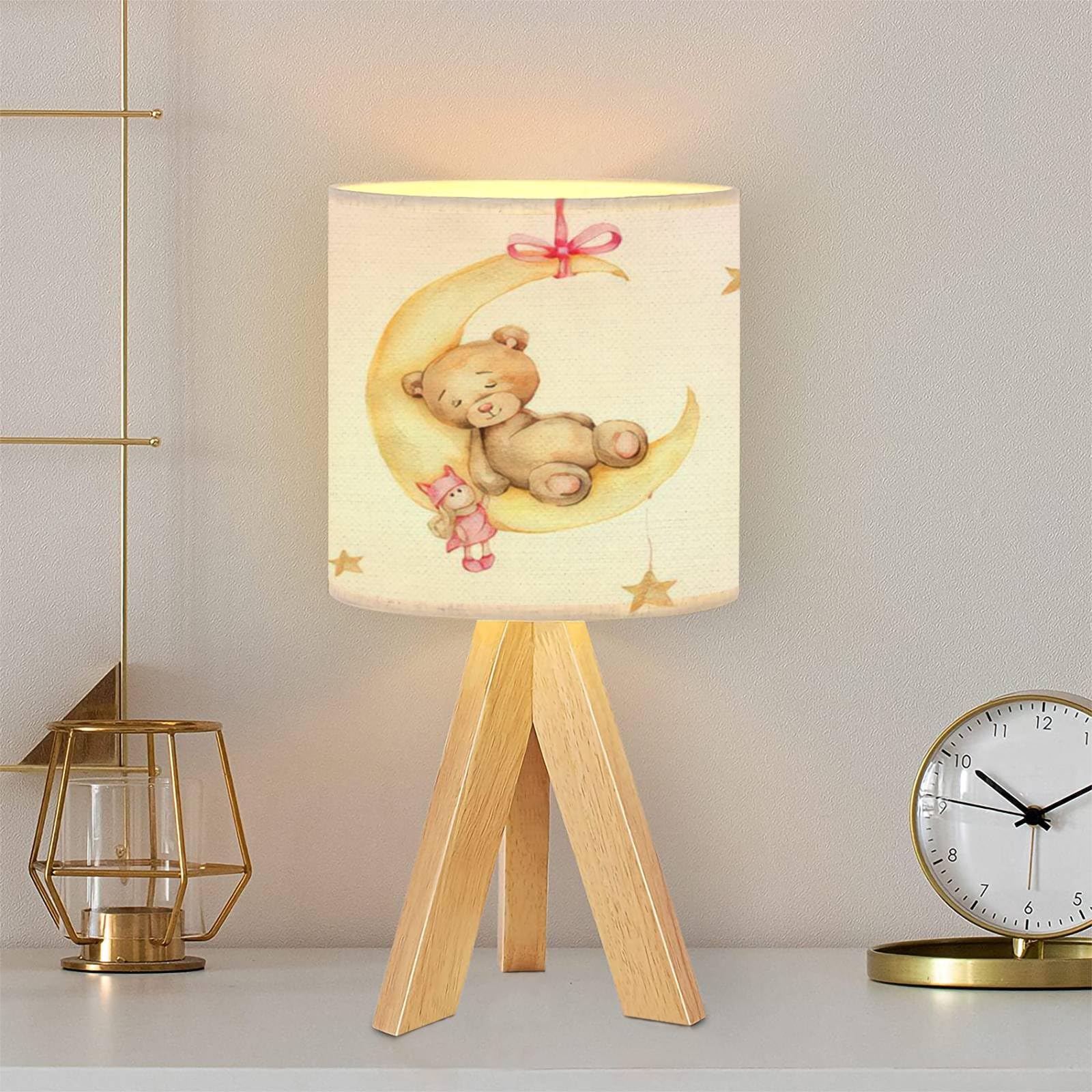 Brown Bear & Moon Watercolor Table Lamp - Dimmable Wooden Base Fabric Desk Lamp for Kids Room, Nursery, Bedroom & Living Room | Modern Night Light for Reading, Study & Cozy Ambiance