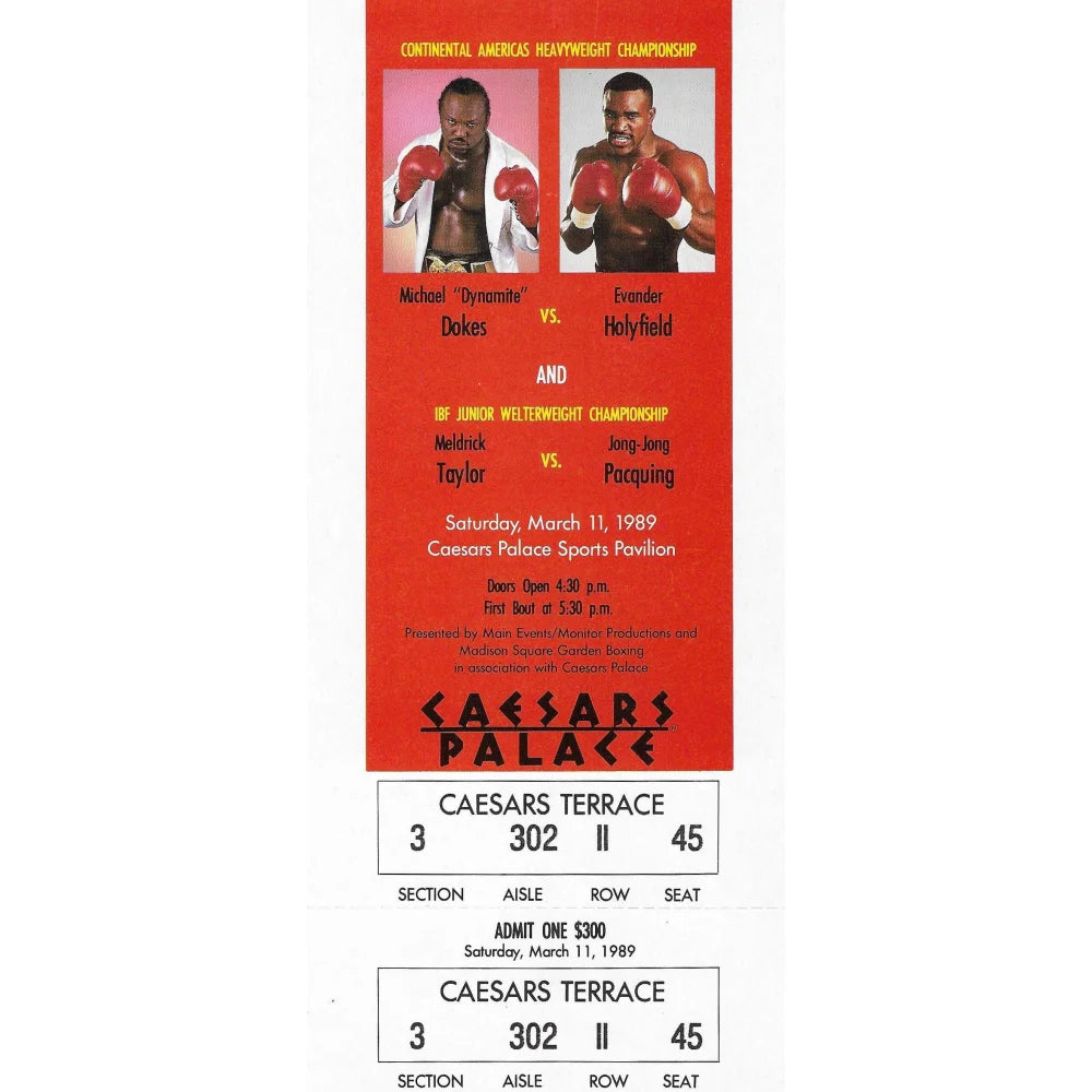 Michael Dokes vs. Evander Holyfield Original Boxing Match Ticket - March 11, 1989 Caesars Palace Las Vegas - Rare Sports Memorabilia for Collectors & Boxing Fans
