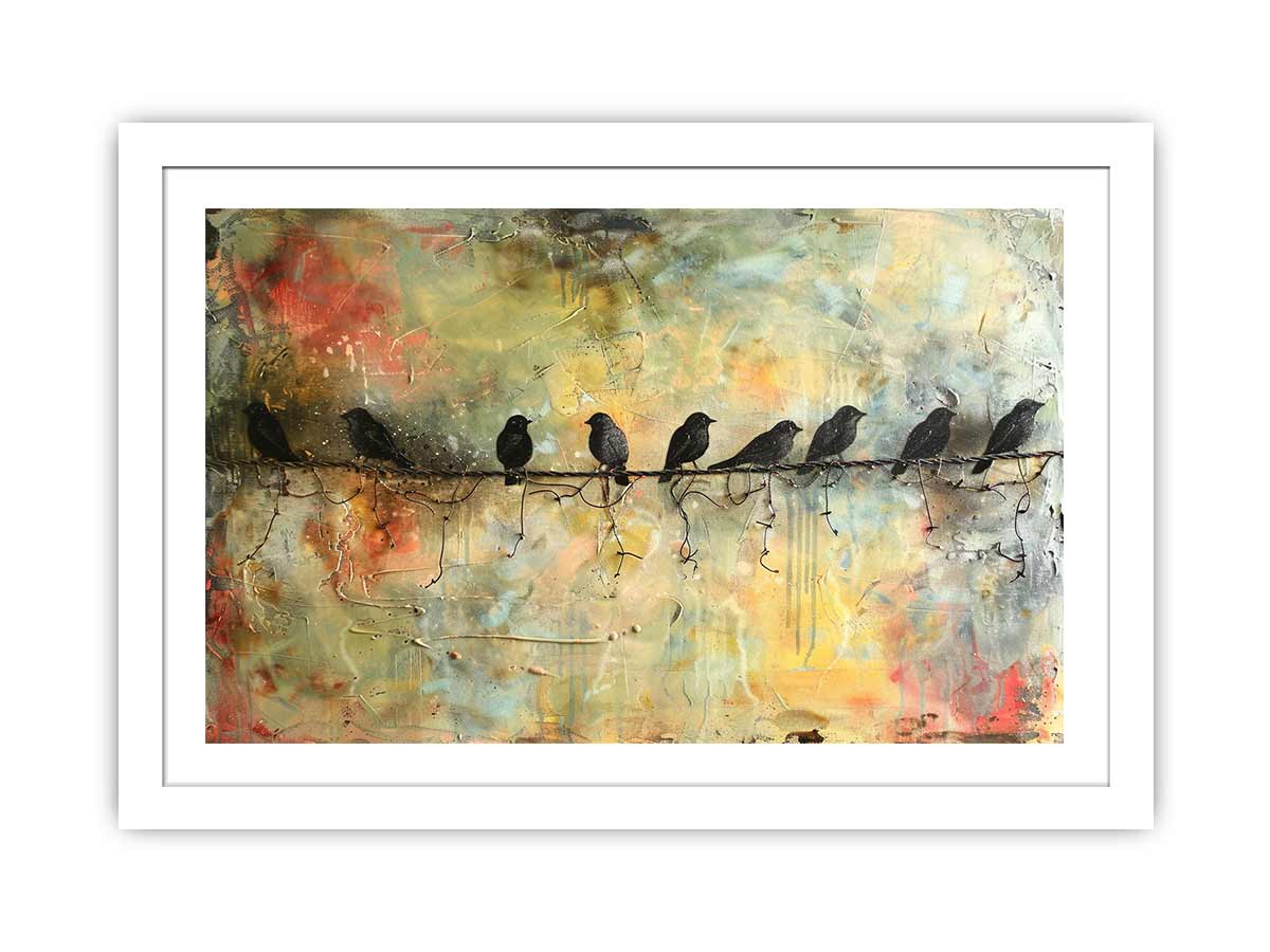 Birds on Wire Framed Wall Art Print - Nature Inspired Home Decor for Living Room, Bedroom & Office