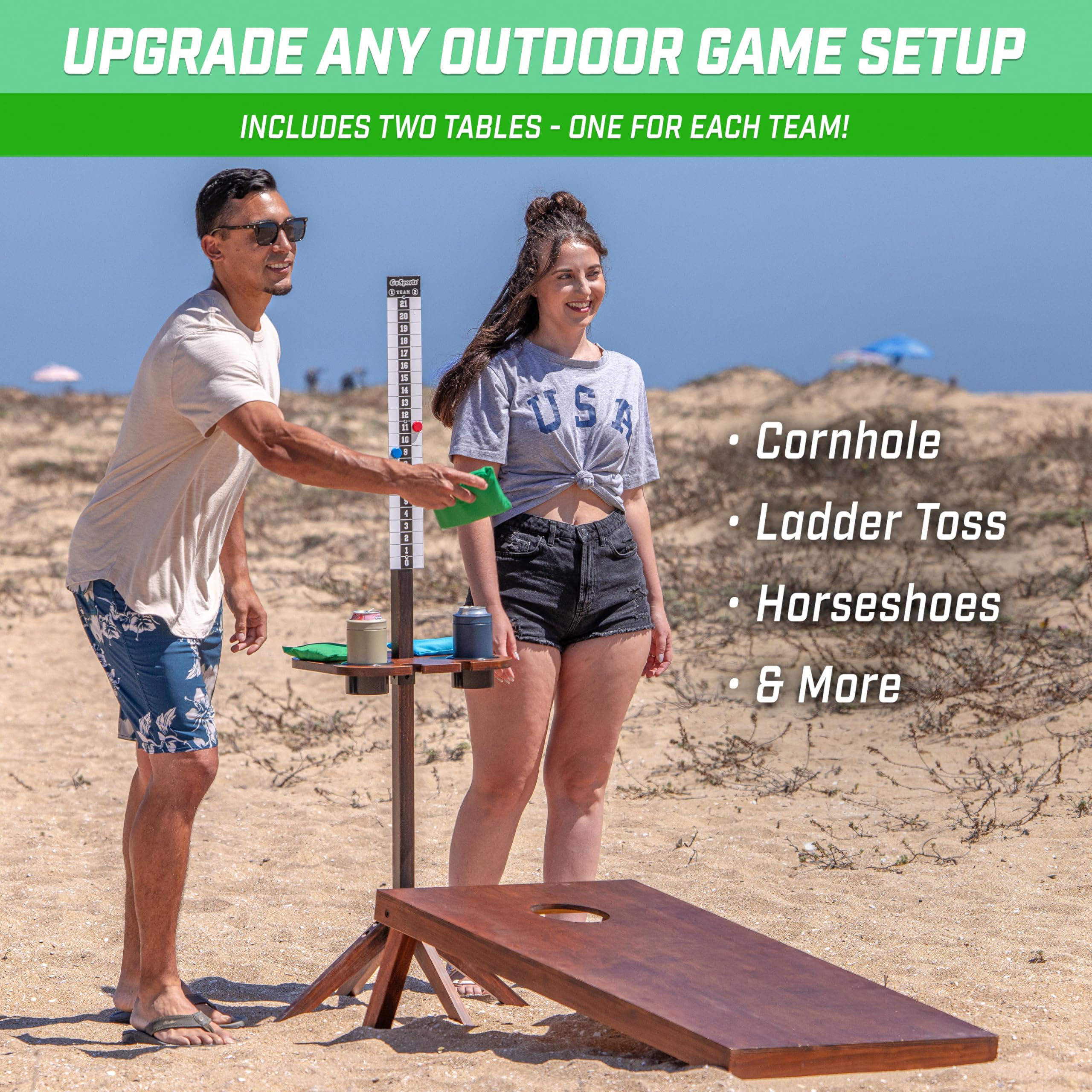GoSports Wood Cornhole Scoreboard Set - 2 ScoreCaddy Tables with Drink Holders for Backyard Games