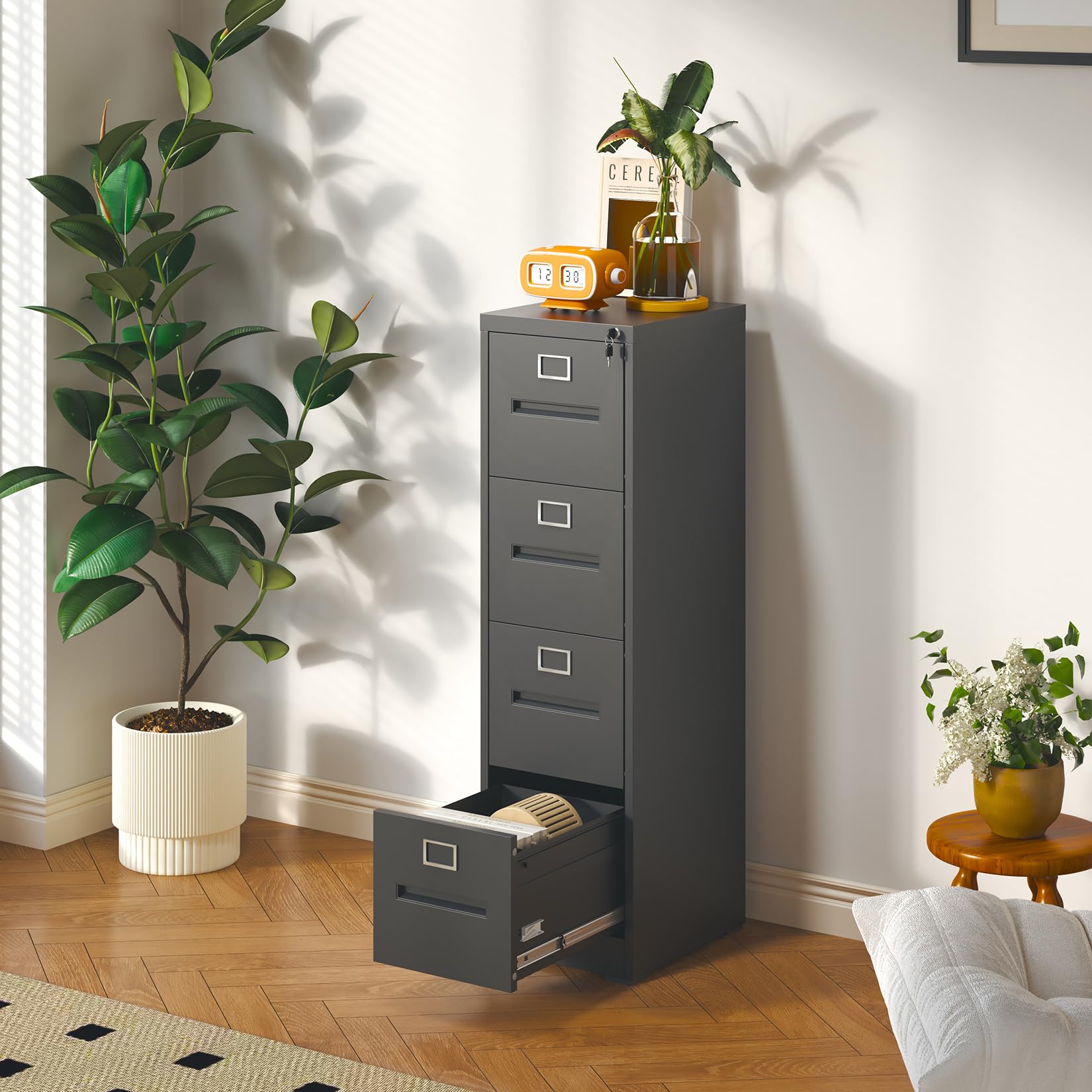 4 Drawer Black Metal File Cabinet - Vertical Locking Steel Filing Cabinet for Legal/Letter/A4/F4 Documents - Home Office Storage Solution - Easy to Assemble (Black) - Perfect for Organizing Office Files, Tax Records, and Important Documents